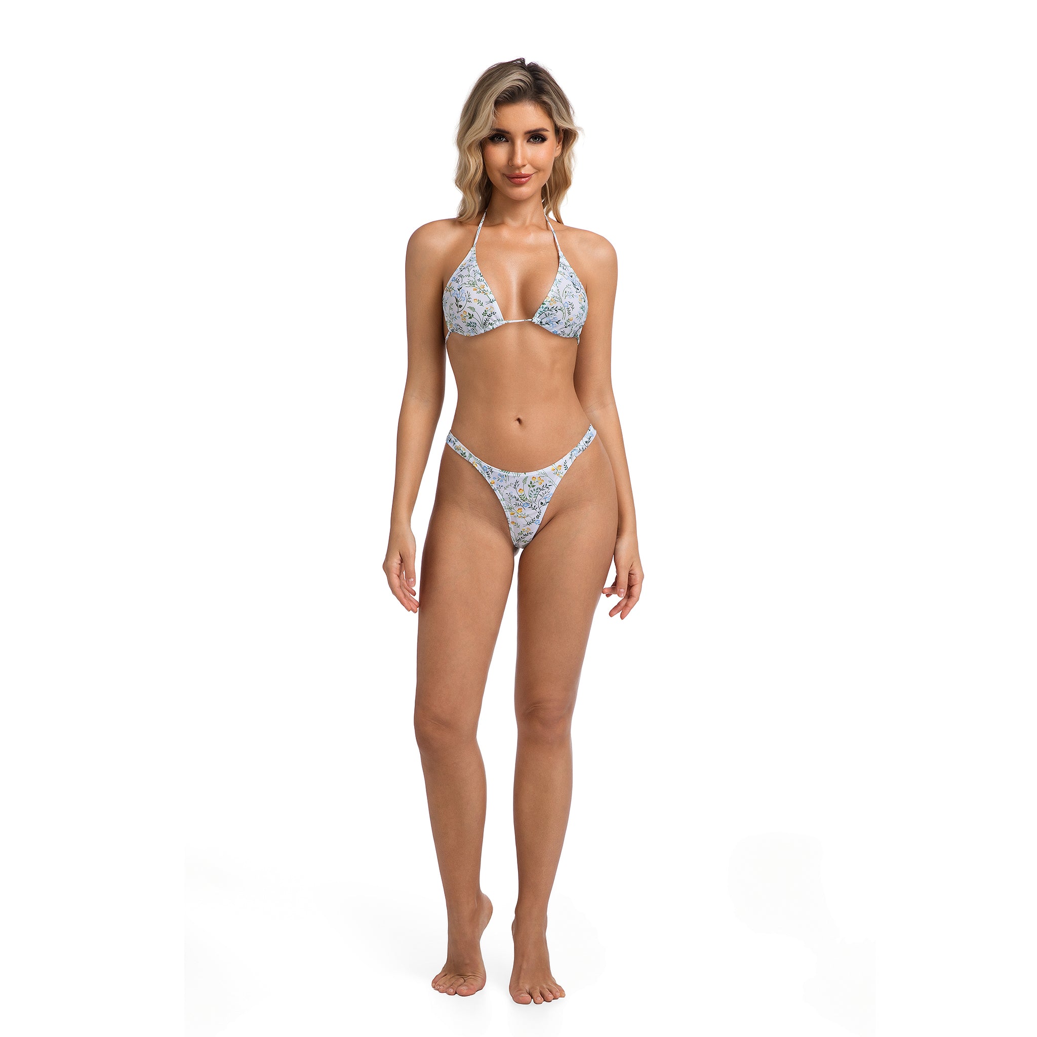 High Leg Tanga Badeanzug für Damen – Minimiert Bräunungslinien, blickdicht, gemustert, zweiteiliger Badeanzug für Damen – Gerippter Triangel-Neckholder-Wildblumen-Bikini-Set, Damen-Strandbekleidung für den Urlaub