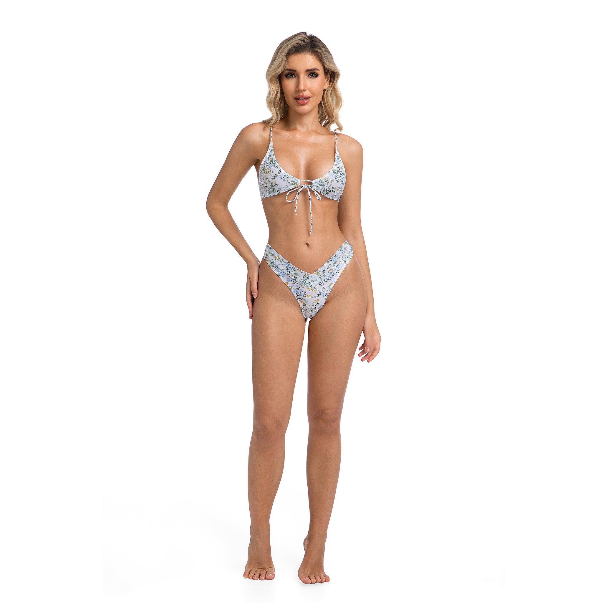Bikini Set für Damen mit U-Ausschnitt, vorne gebunden, zweiteilig – Gerippter Badeanzug mit Wildblumenmuster, ultrahoher Beinausschnitt, V-Schnitt – Sonnenfreundlicher Stoff minimiert Bräunungslinien, Damen-Bademode, Strandbekleidung für Frauen