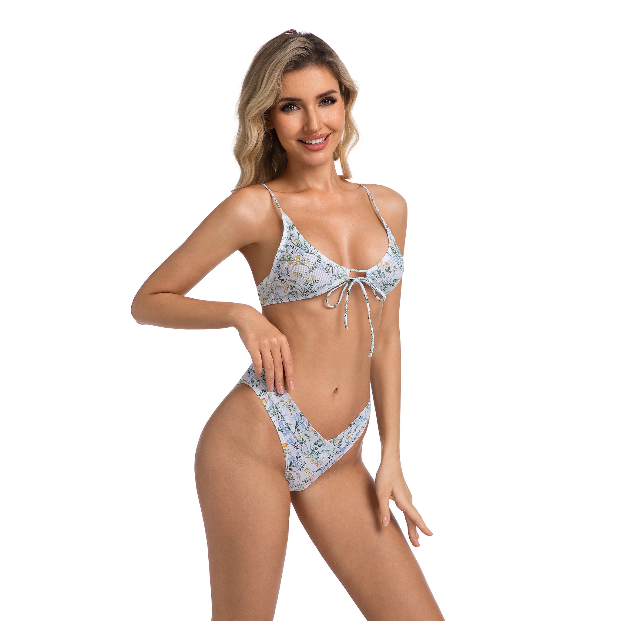 Bikini Set für Damen mit U-Ausschnitt, vorne gebunden, zweiteilig – Gerippter Badeanzug mit Wildblumenmuster, ultrahoher Beinausschnitt, V-Schnitt – Sonnenfreundlicher Stoff minimiert Bräunungslinien, Damen-Bademode, Strandbekleidung für Frauen