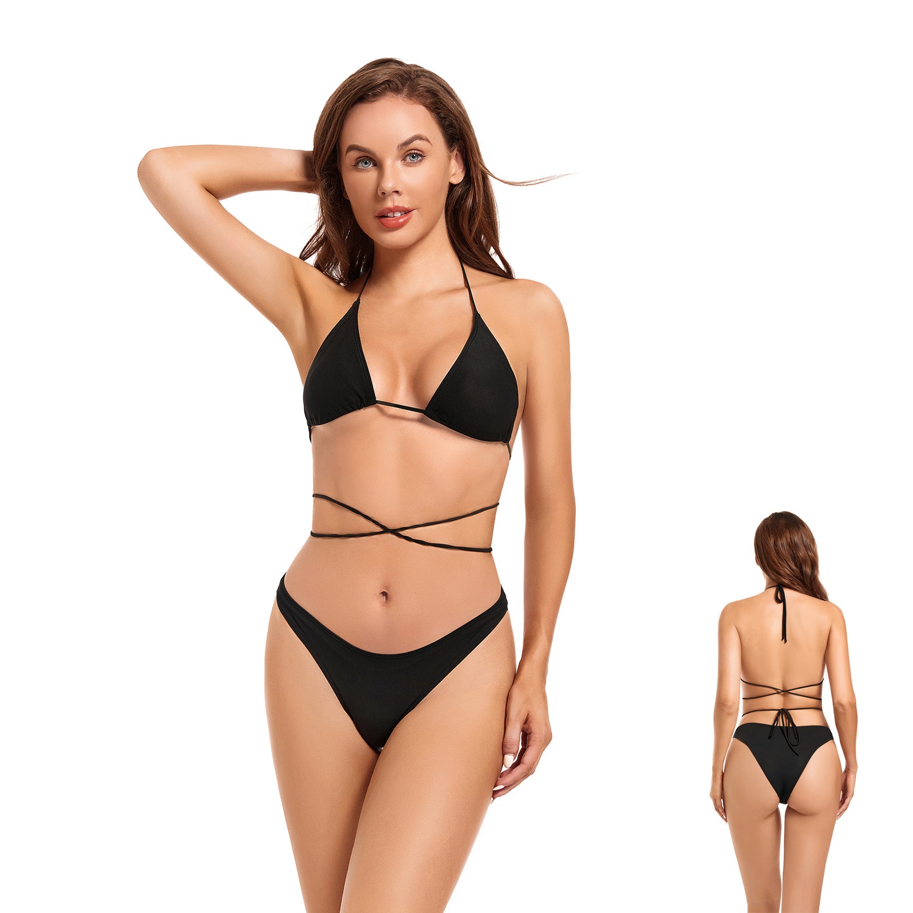 Durchbräunungs-Bikini-Set Minimiert Bräunungsstreifen – Sonnenlichtdurchlässiger zweiteiliger Badeanzug – Wickel-Neckholder mit festem Höschen, Onyxschwarz