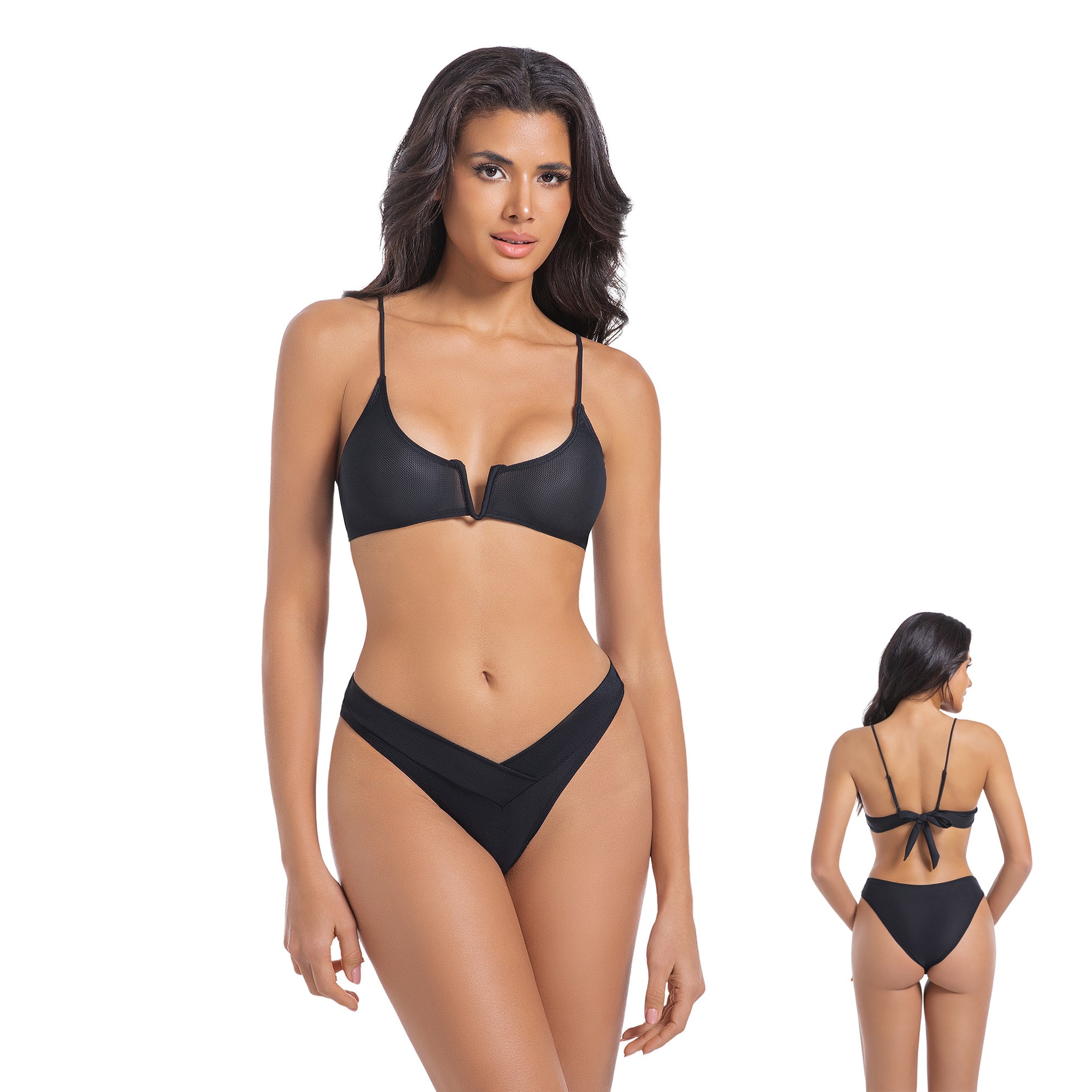 Tan Through Bikini-Set Minimiert Bräunungslinien - Sonnenlichtdurchlässiger Zweiteiliger Badeanzug - Hinten gebundener Ausschnitt Spaghettiträger Badeanzug, Onyx Schwarz