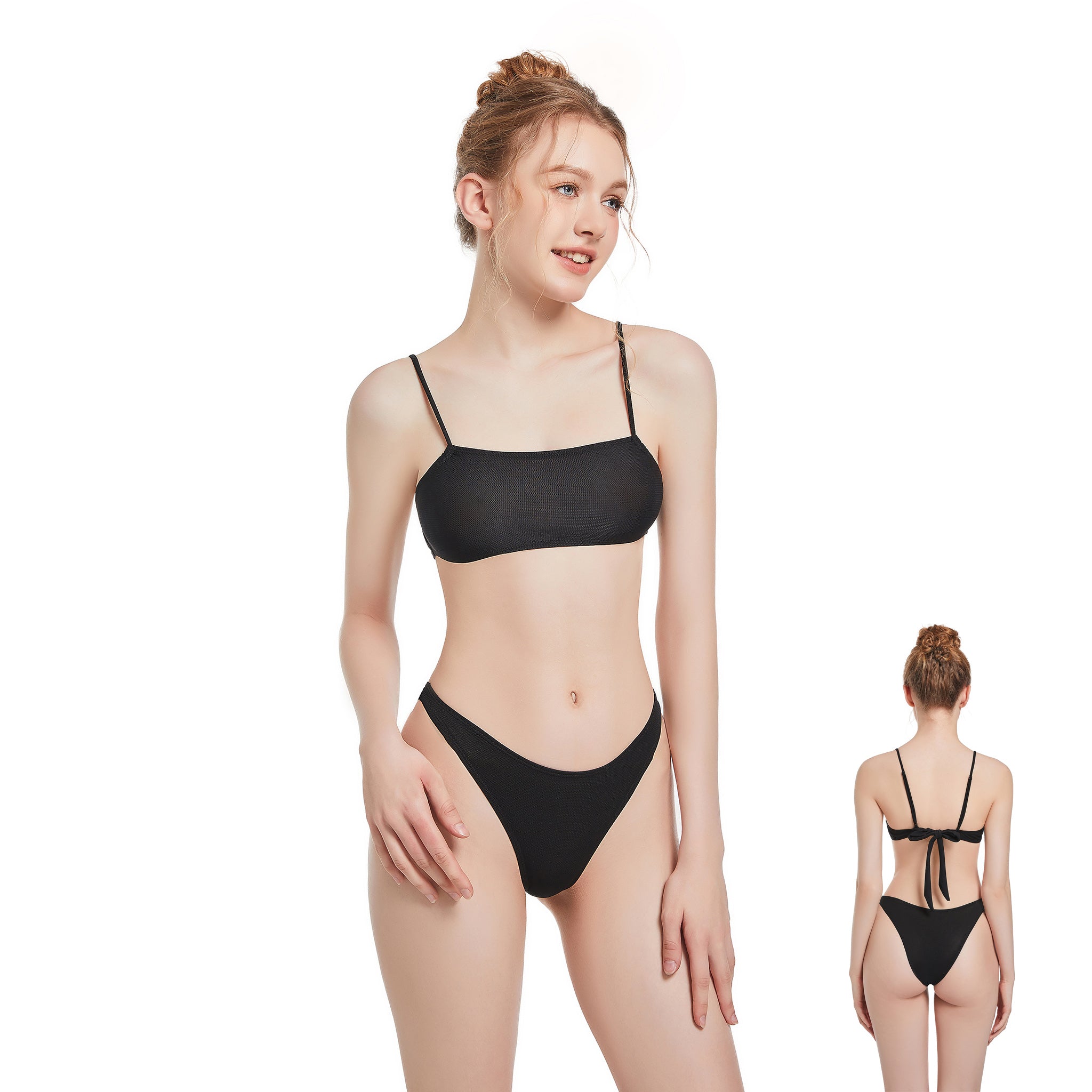 Minimiert Bräunungsstreifen Tan Through Bikini – Sonnendurchlässiger Zweiteiliger Badeanzug – Binde-Rücken Spaghetti-Träger Feste Hose Badeanzug, Onyx Schwarz