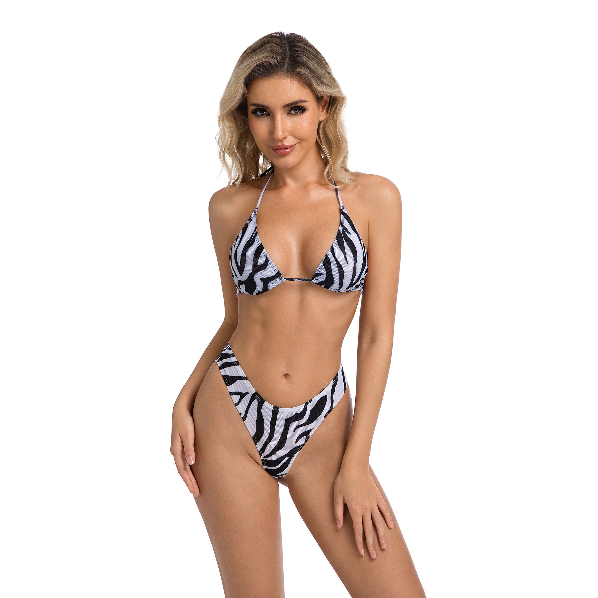 Tan Through Damen Zebra Print Badeanzug – Minimiert Tan Lines Halter Triangel Top – Ultra Cheeky High Leg Thong Zweiteiliger Gerippter Damen Bikini Set Damen Badeanzug