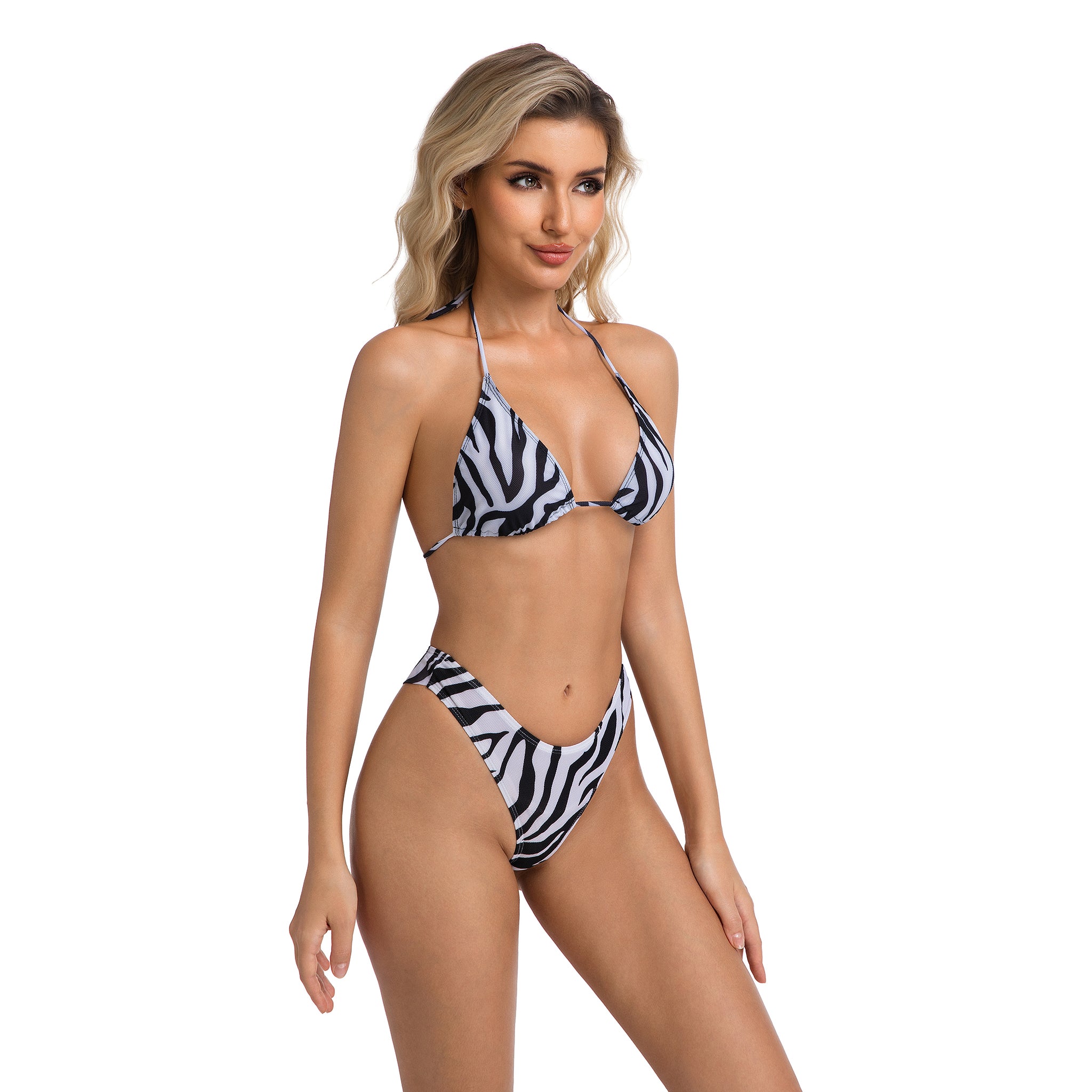 Tan Through Damen Zebra Print Badeanzug – Minimiert Tan Lines Halter Triangel Top – Ultra Cheeky High Leg Thong Zweiteiliger Gerippter Damen Bikini Set Damen Badeanzug