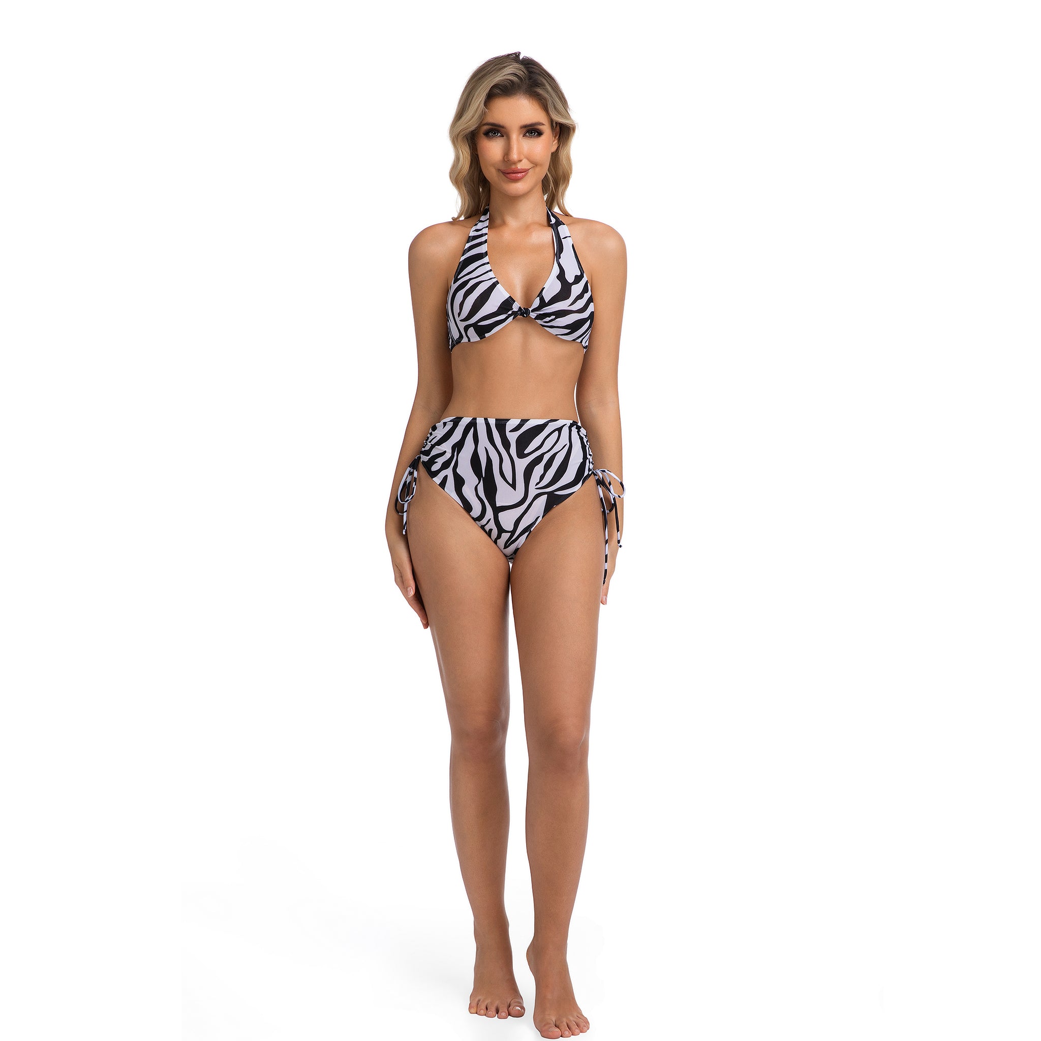 Bikini-Oberteil zum Binden vorne, hoch geschnittene Hose mit seitlicher Schleife, zweiteilig – Zebraprint-Badeanzug für Damen – gerippt, für minimale Bräunungslinien, durchscheinend, Damen-Badeanzug, Damen-Urlaubskleidung für den Strand