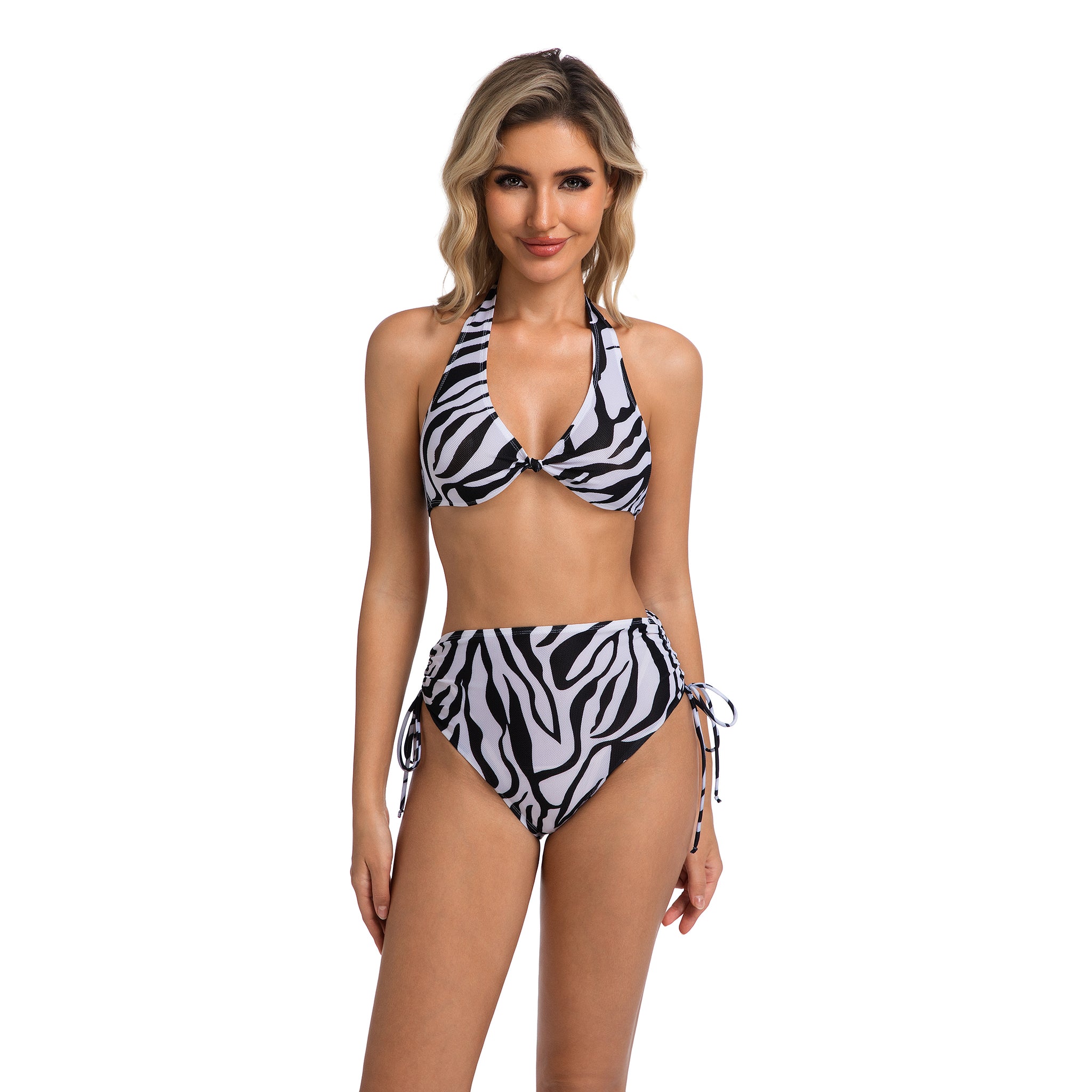 Bikini-Oberteil zum Binden vorne, hoch geschnittene Hose mit seitlicher Schleife, zweiteilig – Zebraprint-Badeanzug für Damen – gerippt, für minimale Bräunungslinien, durchscheinend, Damen-Badeanzug, Damen-Urlaubskleidung für den Strand