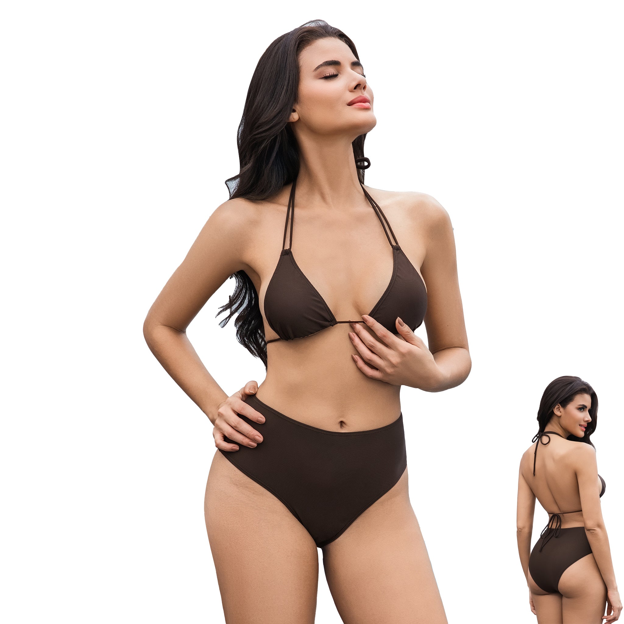 Damen Bikini-Set „Tan Through“ mit hoher Taille – Brauner Neckholder-Badeanzug mit doppelten Trägern – Minimiert Bräunungsstreifen, UV-durchlässig, gerippter 2-teiliger Badeanzug für Damen