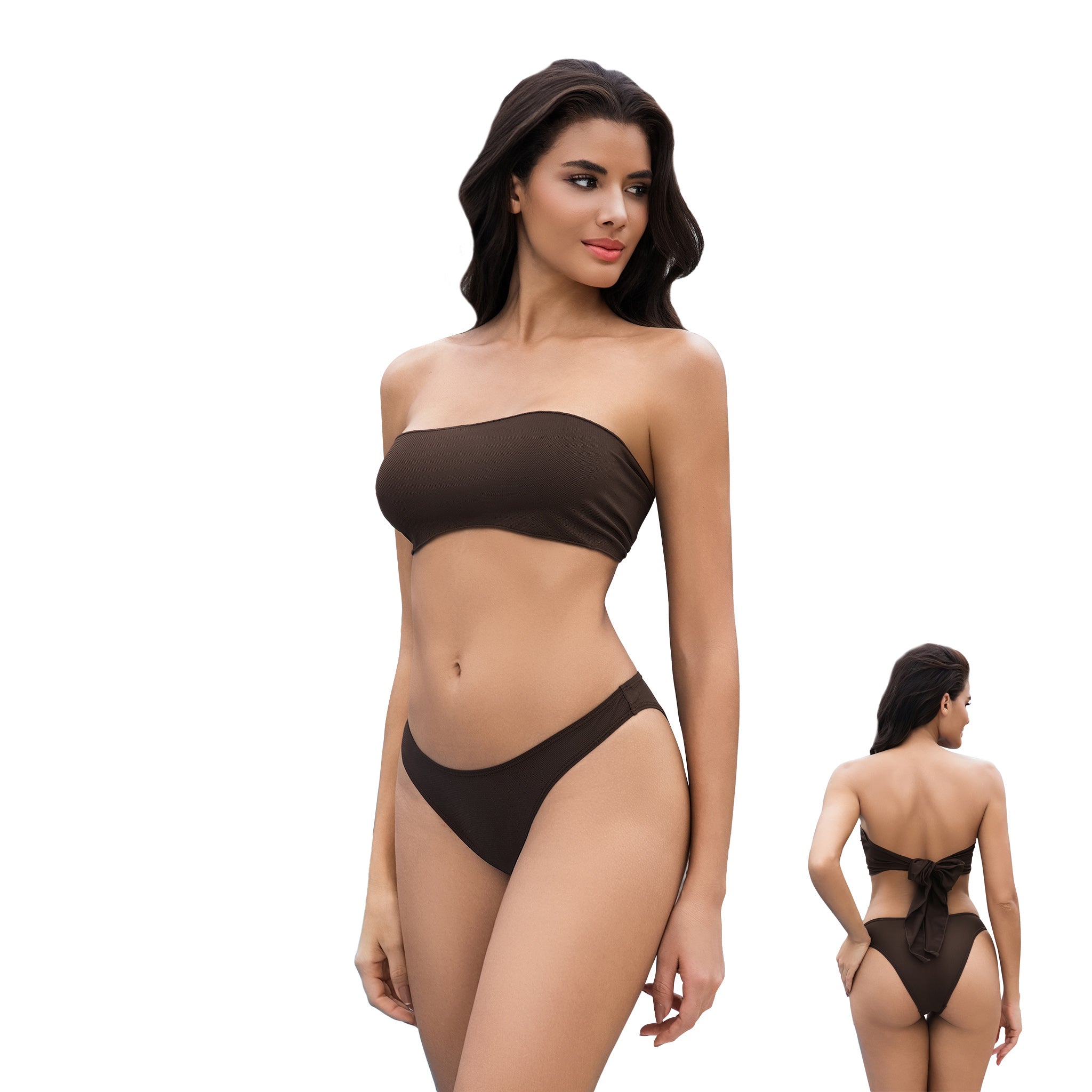 Damen Trägerloser Bräunungs-Bikini – Brauner gerippter Bandeau 2-Teiler Bademode – Minimiert Bräunungslinien UV-durchlässiger Damen-Badeanzug mit Schleifendetail am Rücken und knapper Passform