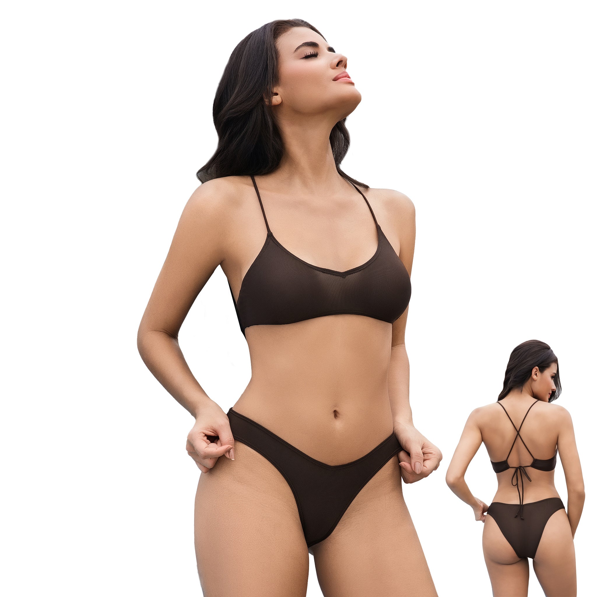 Damen V-Ausschnitt Tan-Through-Bikini-Set – braune gerippte 2-teilige Bademode – minimiert Bräunungsstreifen, UV-durchlässig, überkreuzter Rücken, hoher Beinausschnitt, V-förmiger Badeanzug für Damen