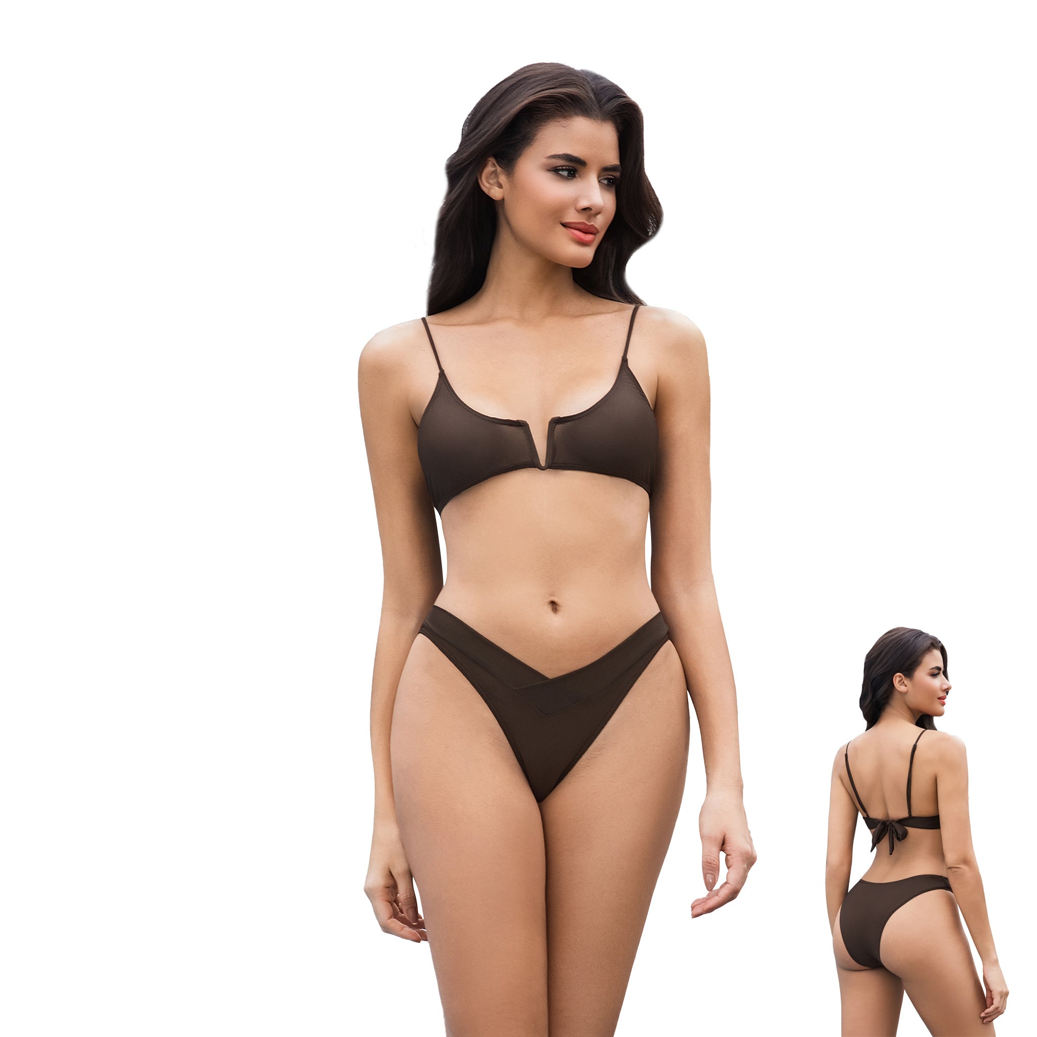 Damen V-Kerbe Bräunungsbikini – Braun Geschichteter V-Bund 2-teilige Bademode – Minimiert Bräunungslinien UV-durchlässiger Damen Gerippter Rücken Schleife Badeanzug