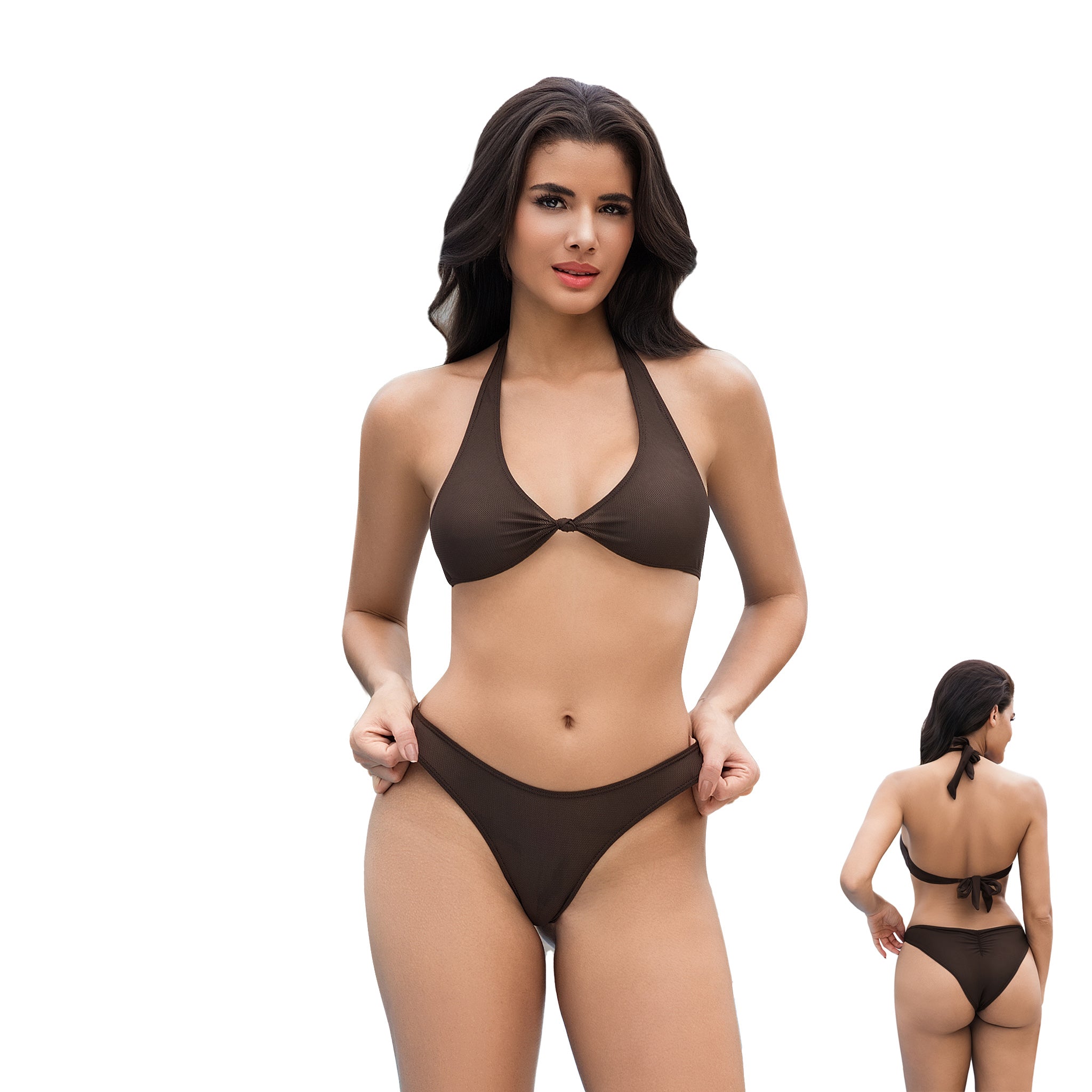 Damen Brauner Tan-Through Bikini-Set - Neckholder mit Schleife vorne 2-teilige Bademode - Minimiert Sonnenbrandlinien UV-durchlässig Damen geraffter Rücken Hoch geschnittener Badeanzug