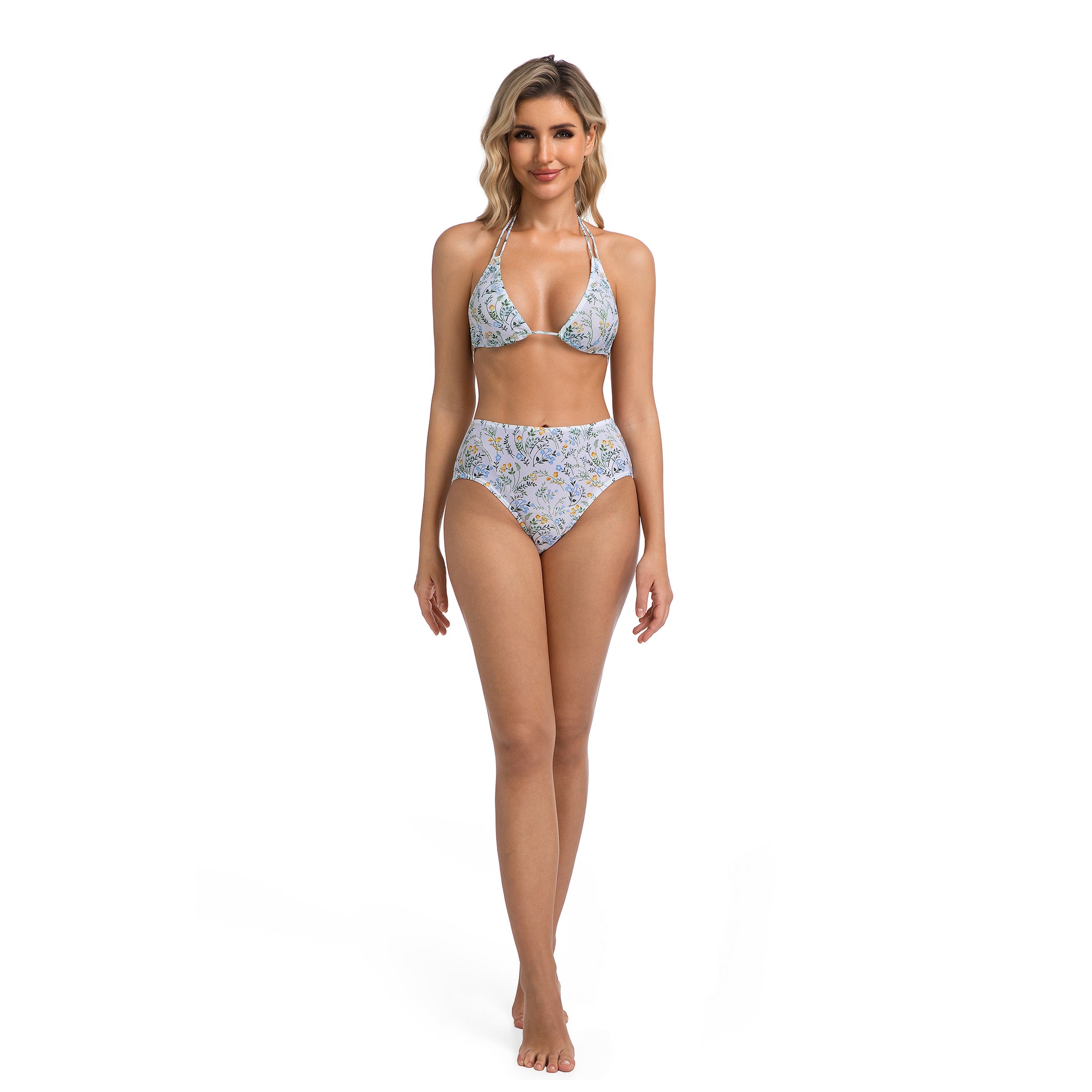 Sonnenstreifen minimieren Sonnen durchlässiger gemusterter Zweiteiler - Badeanzug für Damen mit Wildblumen-Blumendruck - Neckholder-Triangel-Oberteil mit doppelten Trägern, hoher Taille, hohem Beinausschnitt, geripptes Damen-Bikini-Set, Damen-Badeanzug
