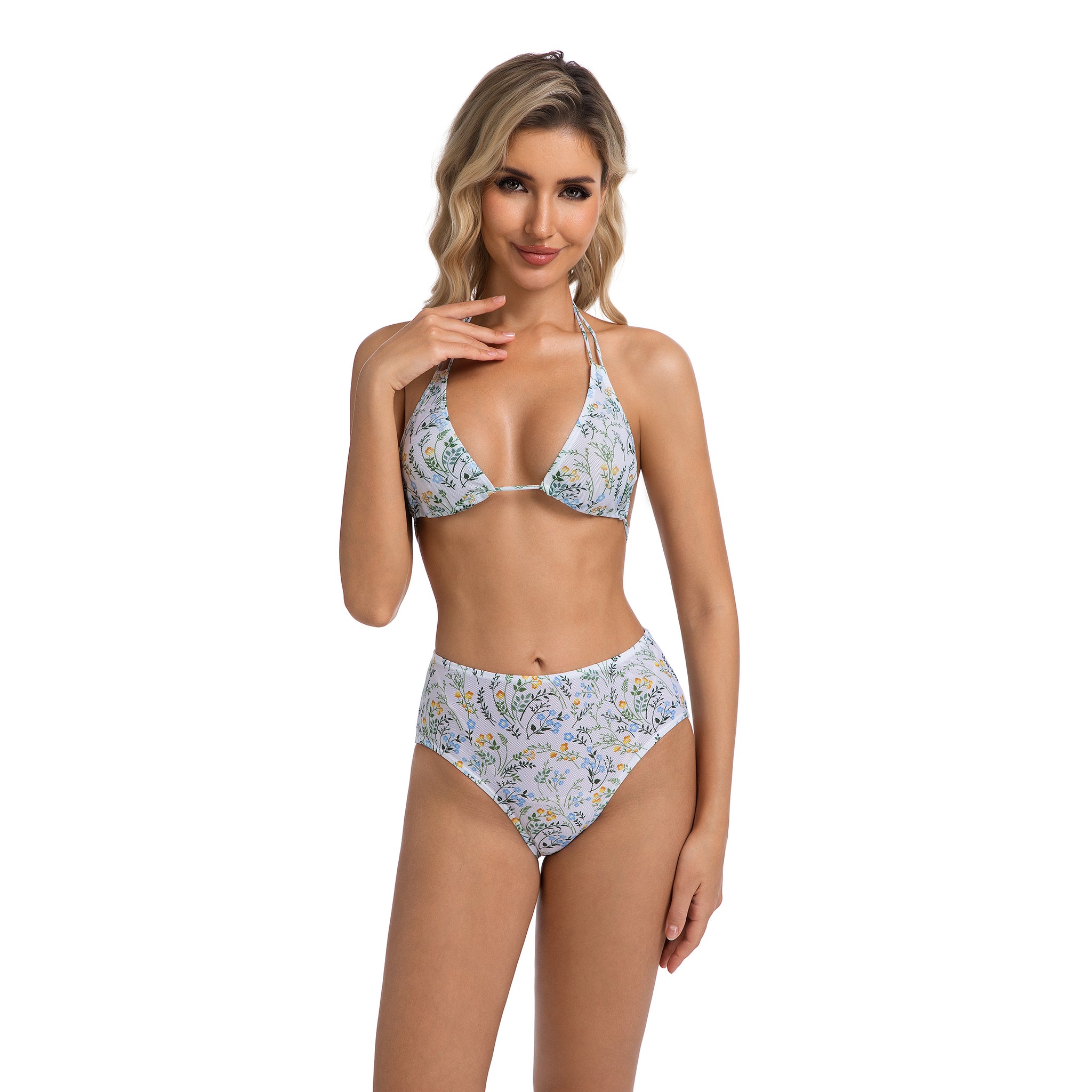 Sonnenstreifen minimieren Sonnen durchlässiger gemusterter Zweiteiler - Badeanzug für Damen mit Wildblumen-Blumendruck - Neckholder-Triangel-Oberteil mit doppelten Trägern, hoher Taille, hohem Beinausschnitt, geripptes Damen-Bikini-Set, Damen-Badeanzug