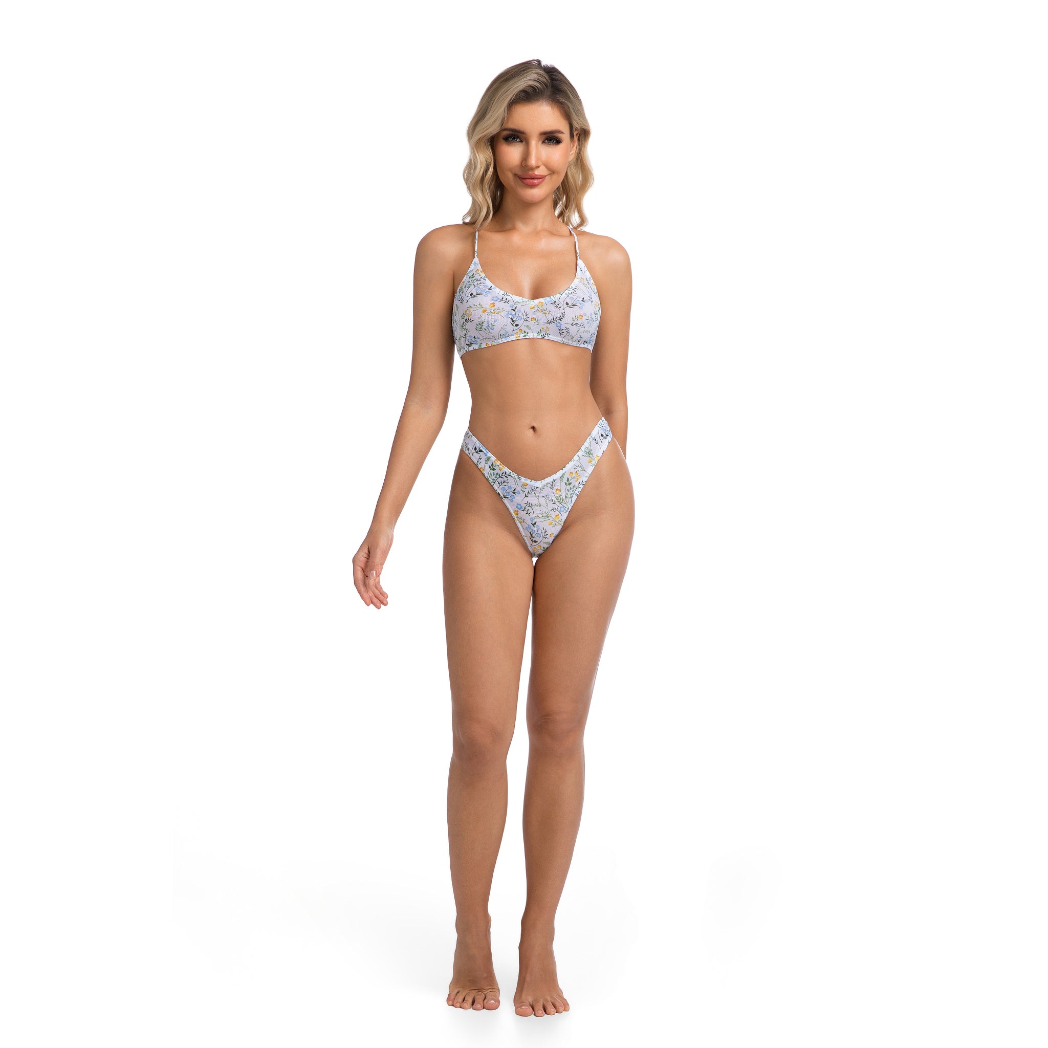 Durchbräunender Badeanzug für Damen mit Wildblumenmuster – Minimiert Bräunungsstreifen, tiefer Rundhalsausschnitt, überkreuztes Oberteil – ultrahoher Beinausschnitt, V-förmige Rippung, Bikini-Set für Damen, Urlaubs-Badeanzug für Frauen