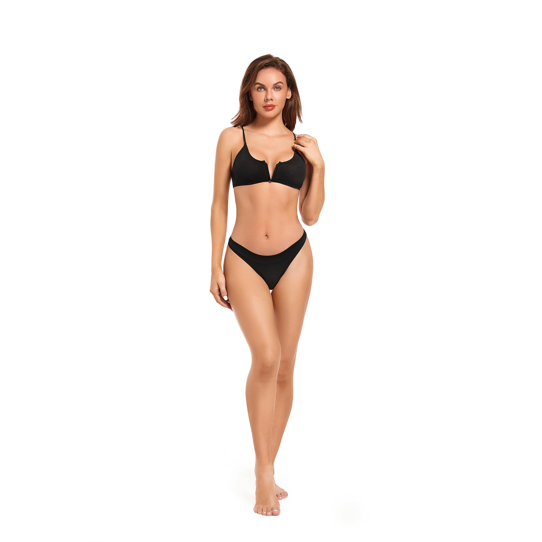 V-Slit Tan Through Bikini Set – Minimiert Sonnenbrandstreifen UV-durchlässiger Badeanzug – Zweiteiliger Plunge-Bikini mit Spaghettiträgern und fester Hose, Onyx Black