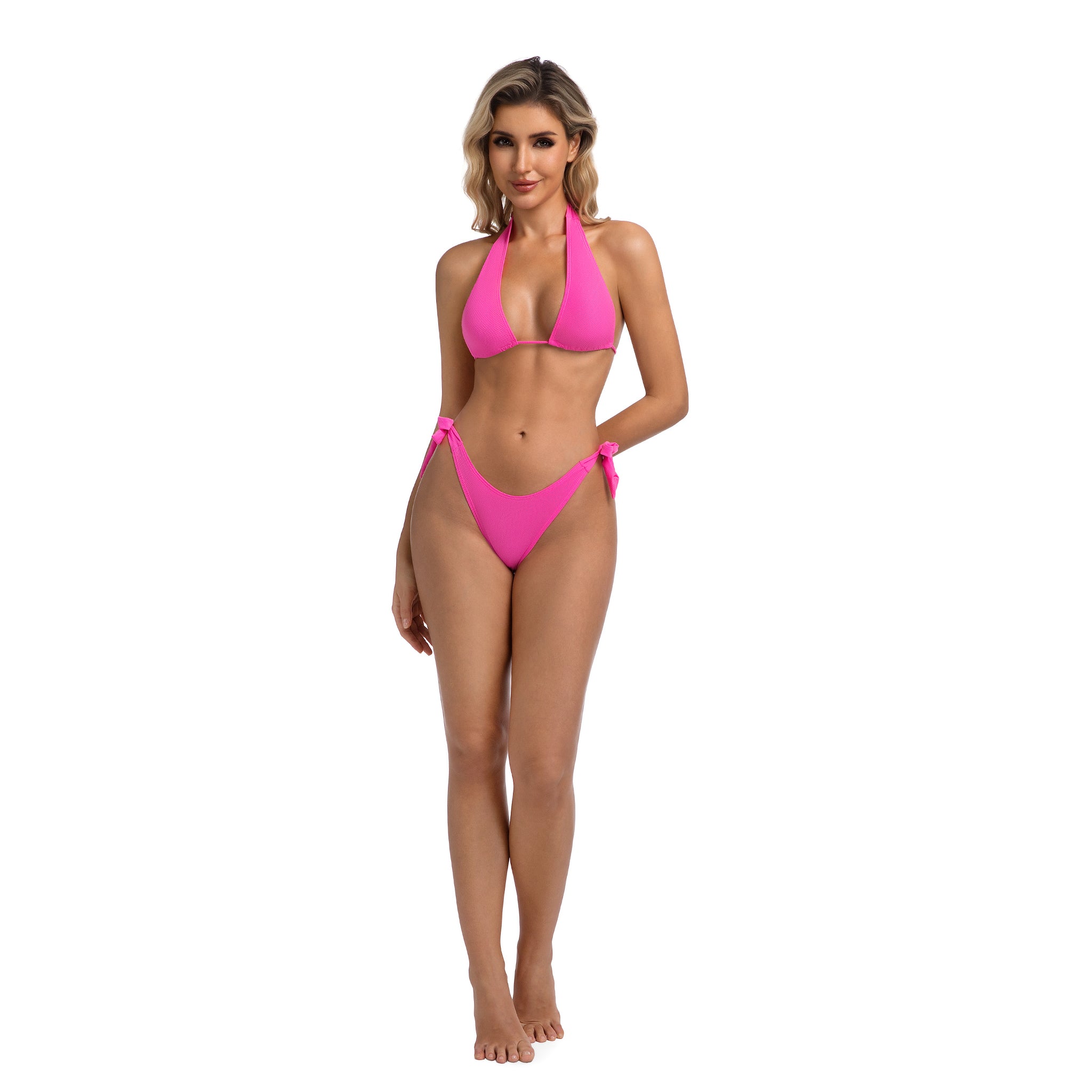 Zweiteiliger Badeanzug für Damen Kirschrot – Geripptes Neckholder-Bikini-Oberteil mit dreieckigen Cups und seitlich gebundener, verstellbarer Schleifen-Hose – Bräunt durch und minimiert Bräunungslinien Damen-Badebekleidung Poolkleidung für Frauen