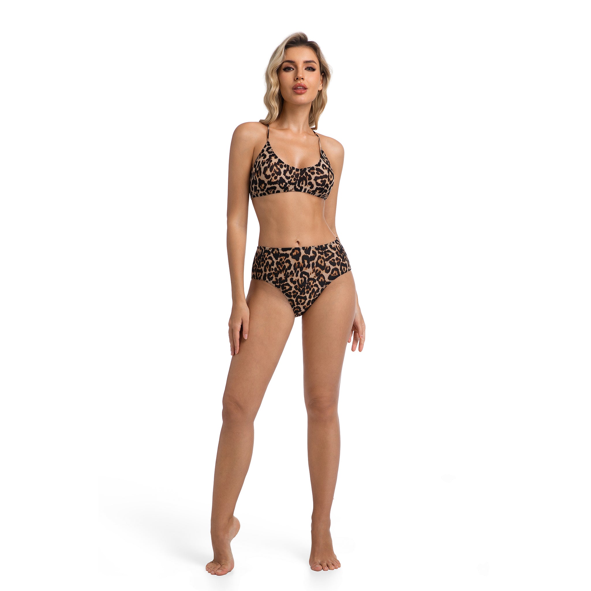 Damen-Badeanzug mit hoher Taille und hohem Beinausschnitt, Leo-Leopardenmuster – bauchfreies Oberteil mit Rundhalsausschnitt und Kreuzträgern – geripptes, bräunungsminimierendes, bräunungsdurchlässiges Damen-Bikini-Set für den Urlaub
