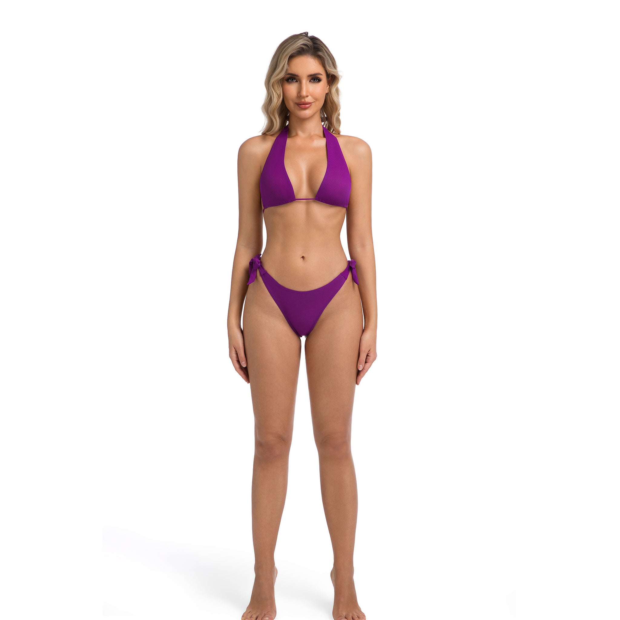 Solides lilafarbenes Bikini-Set für Damen - Violett - Neckholder-Triangel-Top, seitlich gebundenes, freches Höschen - Strukturiertes, geripptes zweiteiliges Badeanzug-Set, sonnendurchlässig, Bräunungslinien minimierend, Damen-Strandmode
