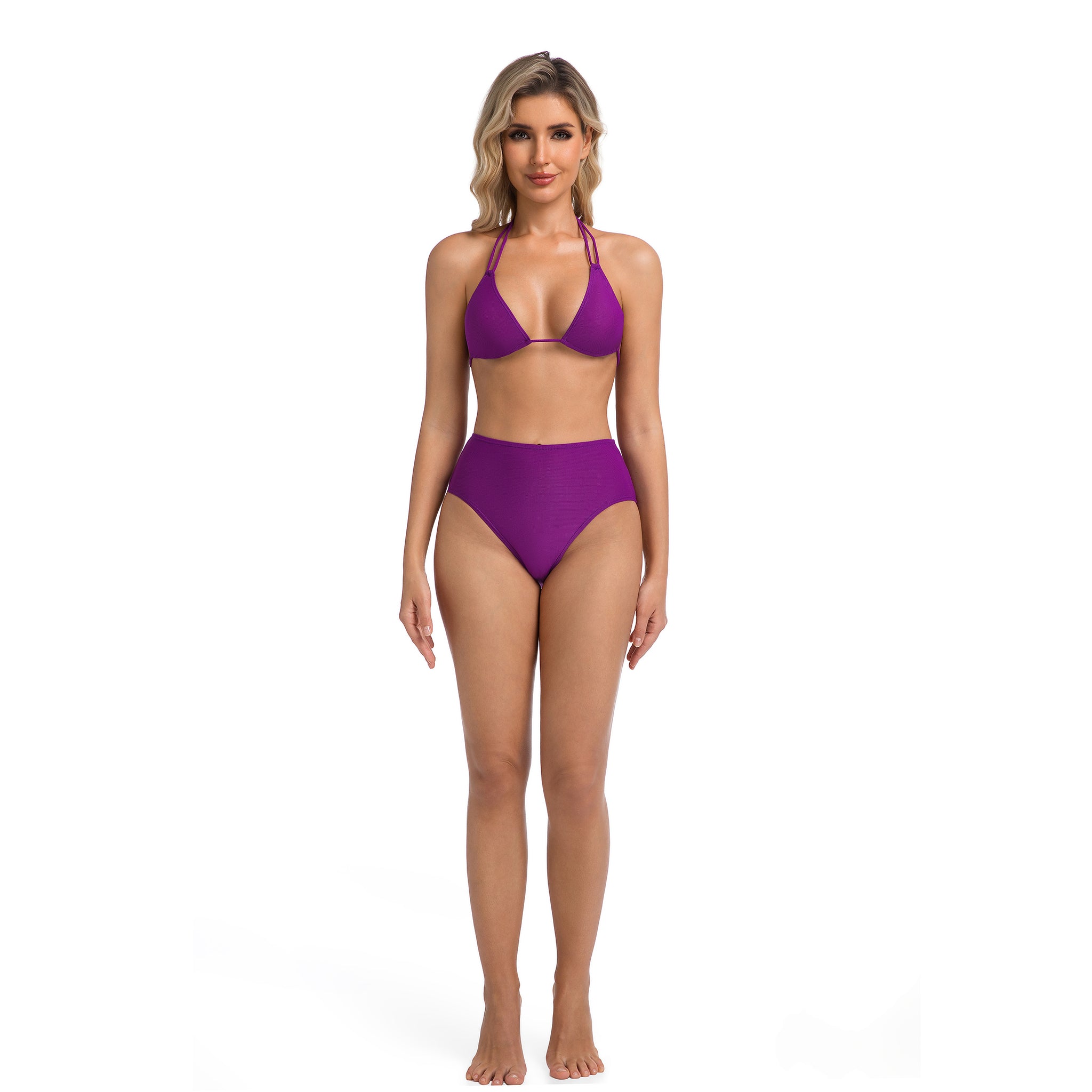 Zweiteiliger Damen-Badeanzug, High-Waist Bikini Set für Damen, Violett – Minimiert Bräunungsstreifen, bräunungsfreundlich, doppelter Träger, Neckholder-Oberteil – Texturierter gerippter High-Cut-Unterteil, lila Damen-Badeanzug
