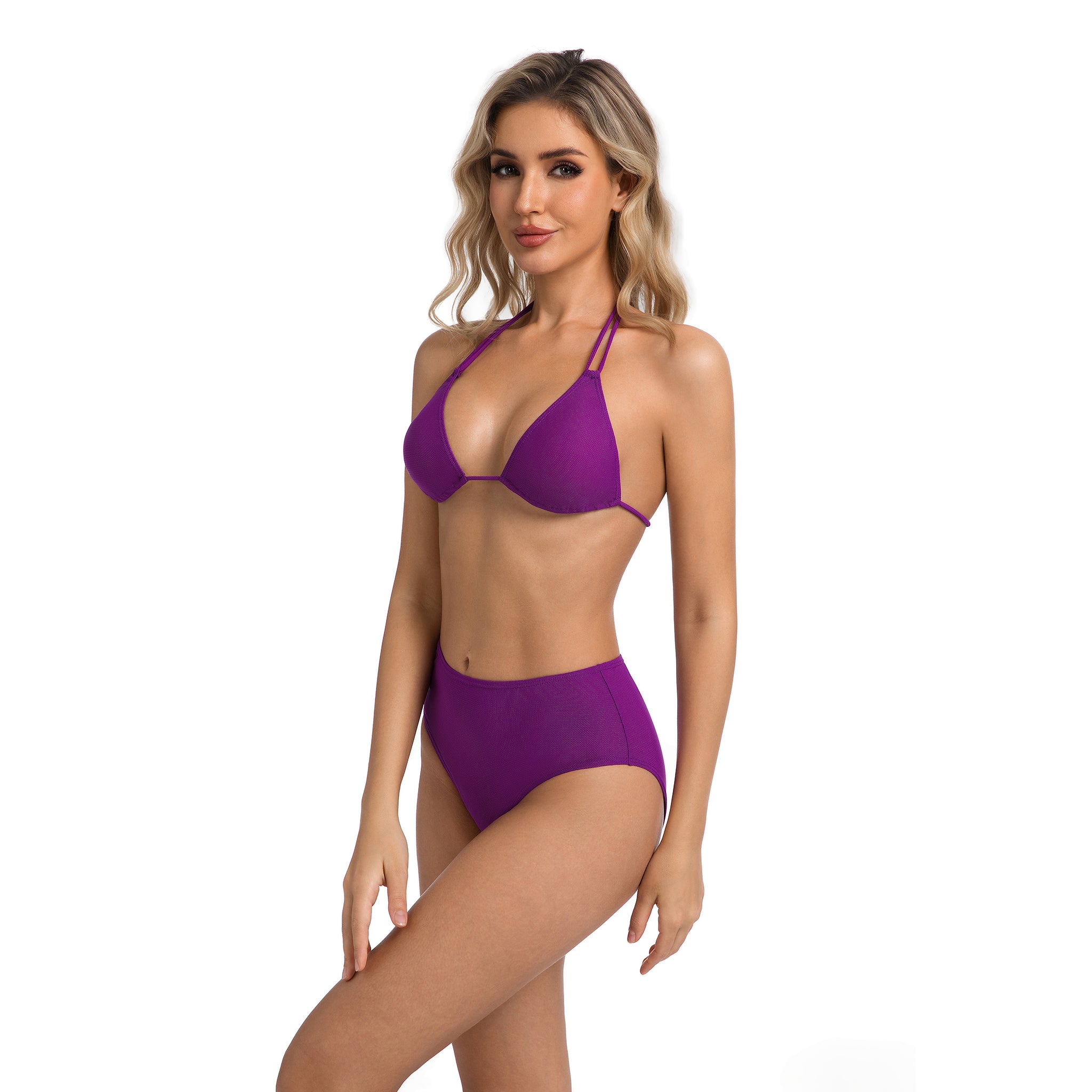Zweiteiliger Damen-Badeanzug, High-Waist Bikini Set für Damen, Violett – Minimiert Bräunungsstreifen, bräunungsfreundlich, doppelter Träger, Neckholder-Oberteil – Texturierter gerippter High-Cut-Unterteil, lila Damen-Badeanzug