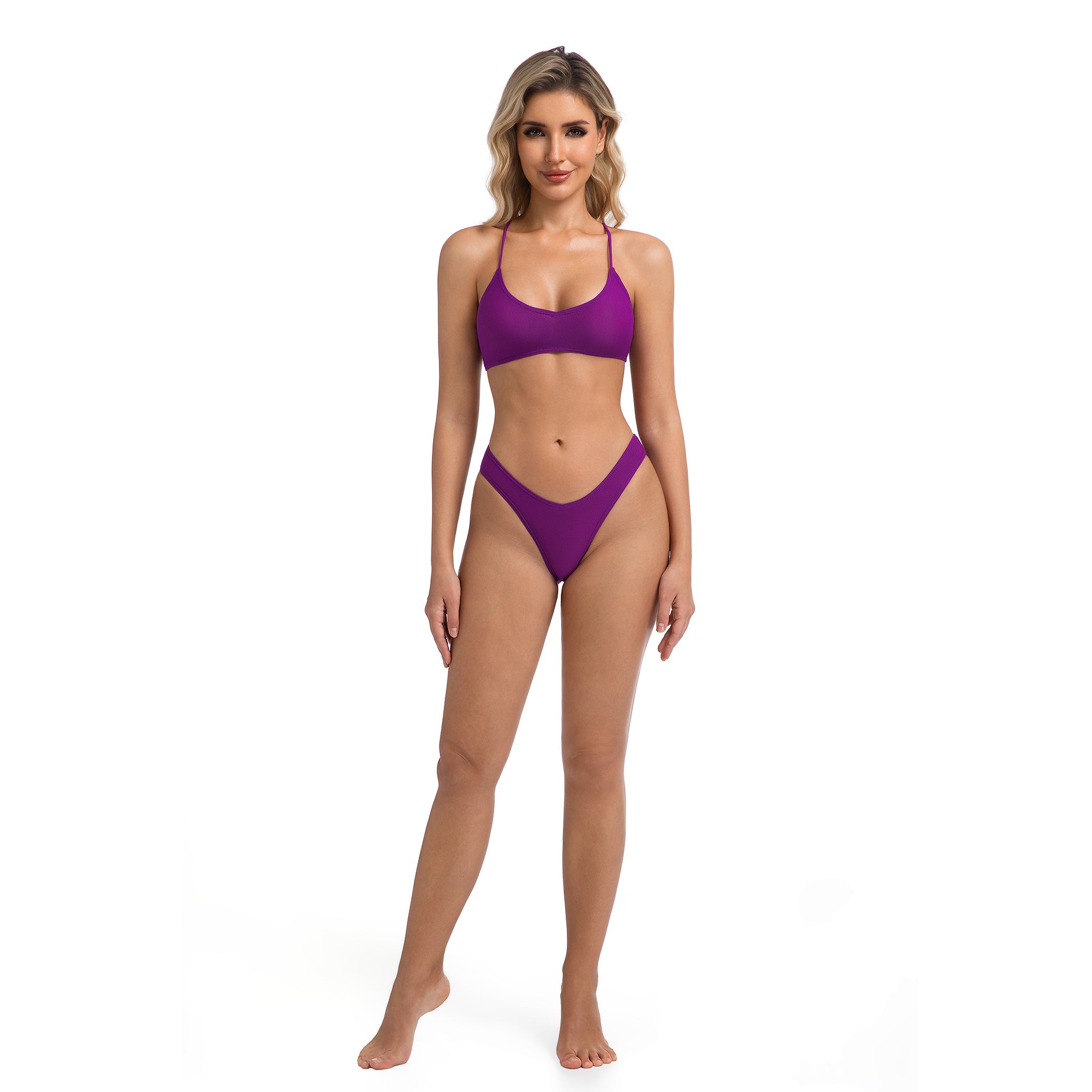 Bräunungsstreifen minimieren: Tankini-Set mit Bräunungsfunktion, violetter V-Schnitt-Slip – für Damen, überkreuzter Rücken, gerippter zweiteiliger Damen-Badeanzug, einfarbig lila