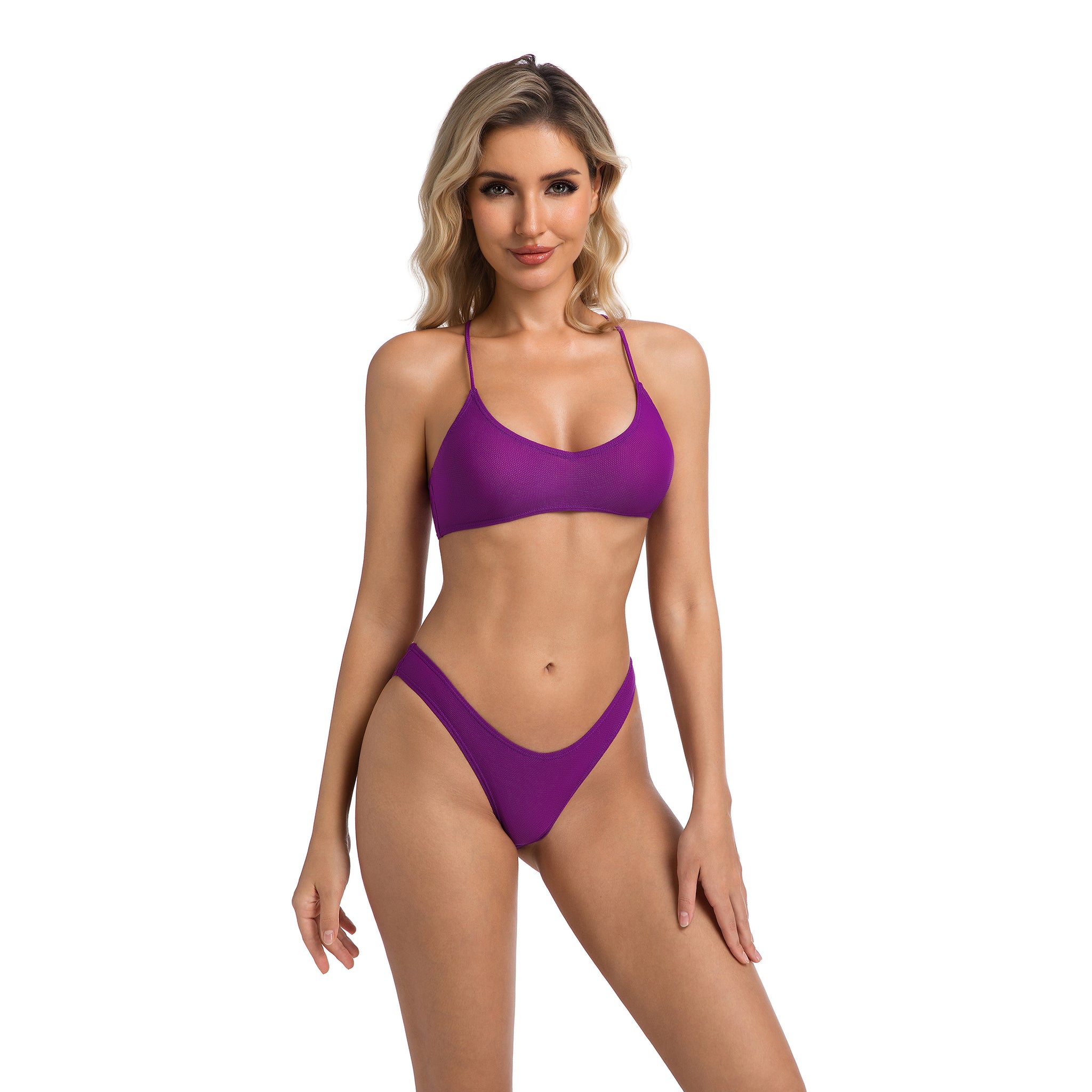 Bräunungsstreifen minimieren: Tankini-Set mit Bräunungsfunktion, violetter V-Schnitt-Slip – für Damen, überkreuzter Rücken, gerippter zweiteiliger Damen-Badeanzug, einfarbig lila