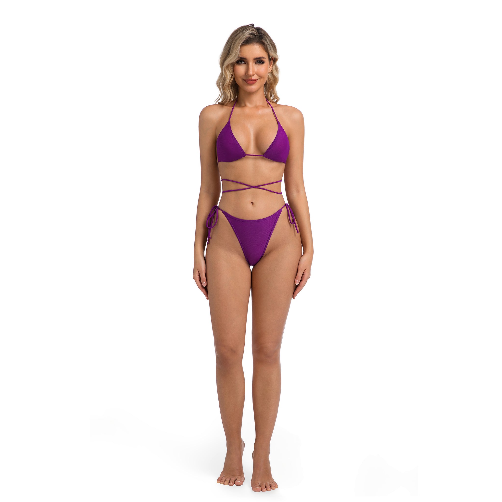 Mehrweg-Wickel-Bikini-Set Violett - Bräunen durch Minimierung der Bräunungslinien seitlich gebundene, freche Unterteile - Zweiteilige gerippte Bademode für Damen Einfarbig Lila Badeanzug Damen