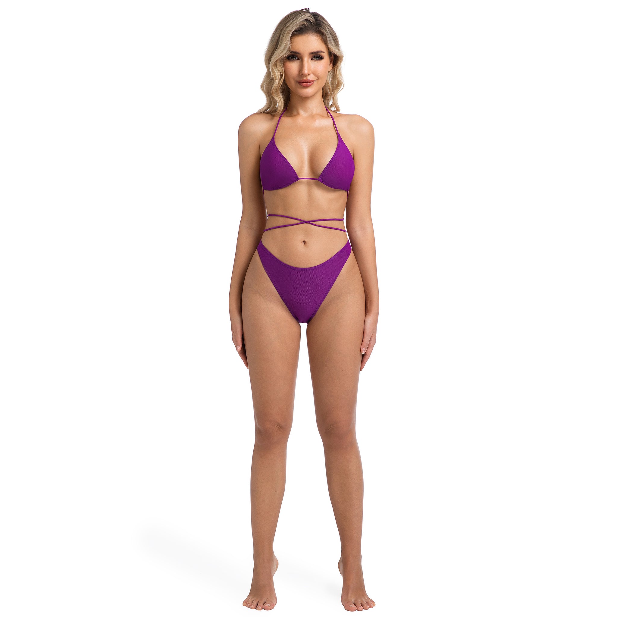 Tan Through Minimiert Tan Lines Multi-Way Bikini Set Violet V-Front Bottom - Geripptes Triangel Wickel-Top Zweiteilige Damen Bademode Damen Einfarbig Lila Badeanzug Damen