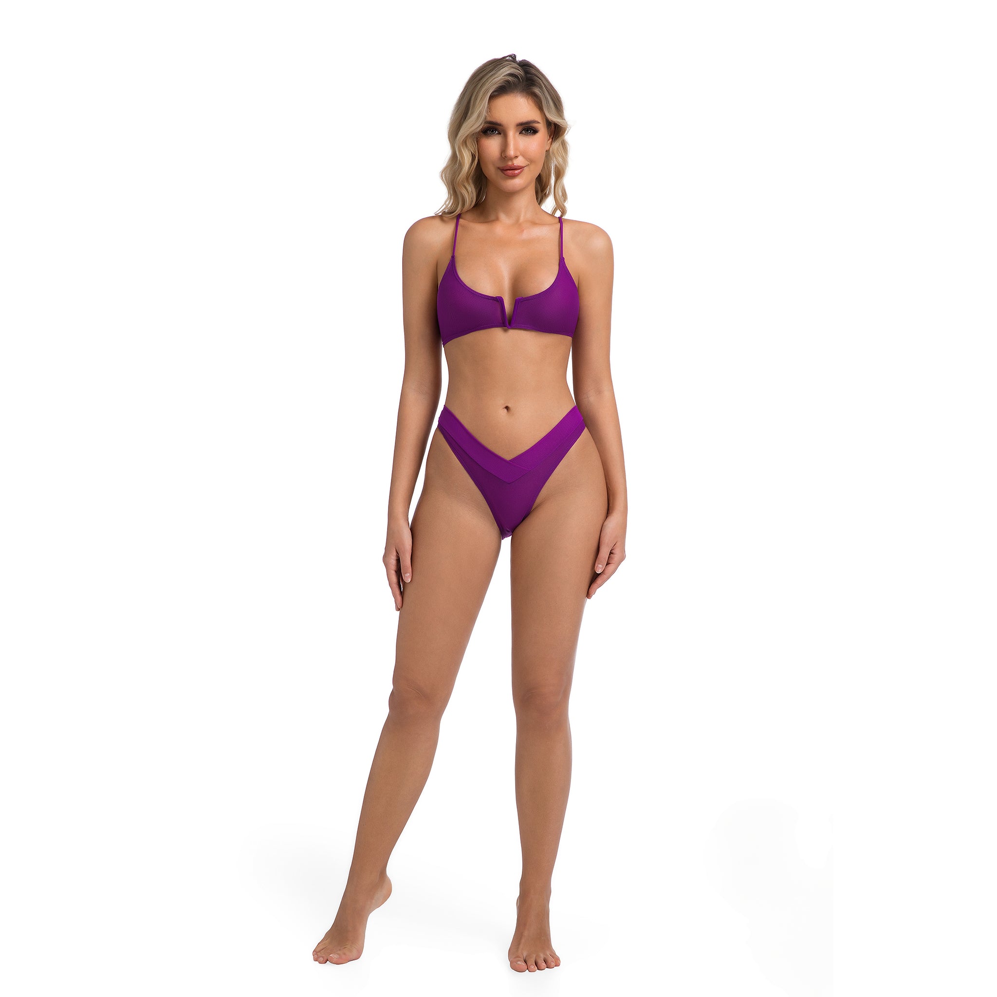 Badeanzug für Damen, durchbräunend, Bräunungslinien minimierend – V-Draht-Scoop-Neck-Bikini, violettes V-Front-Höschen – zweiteilige gerippte Bademode für Damen, einfarbig lila