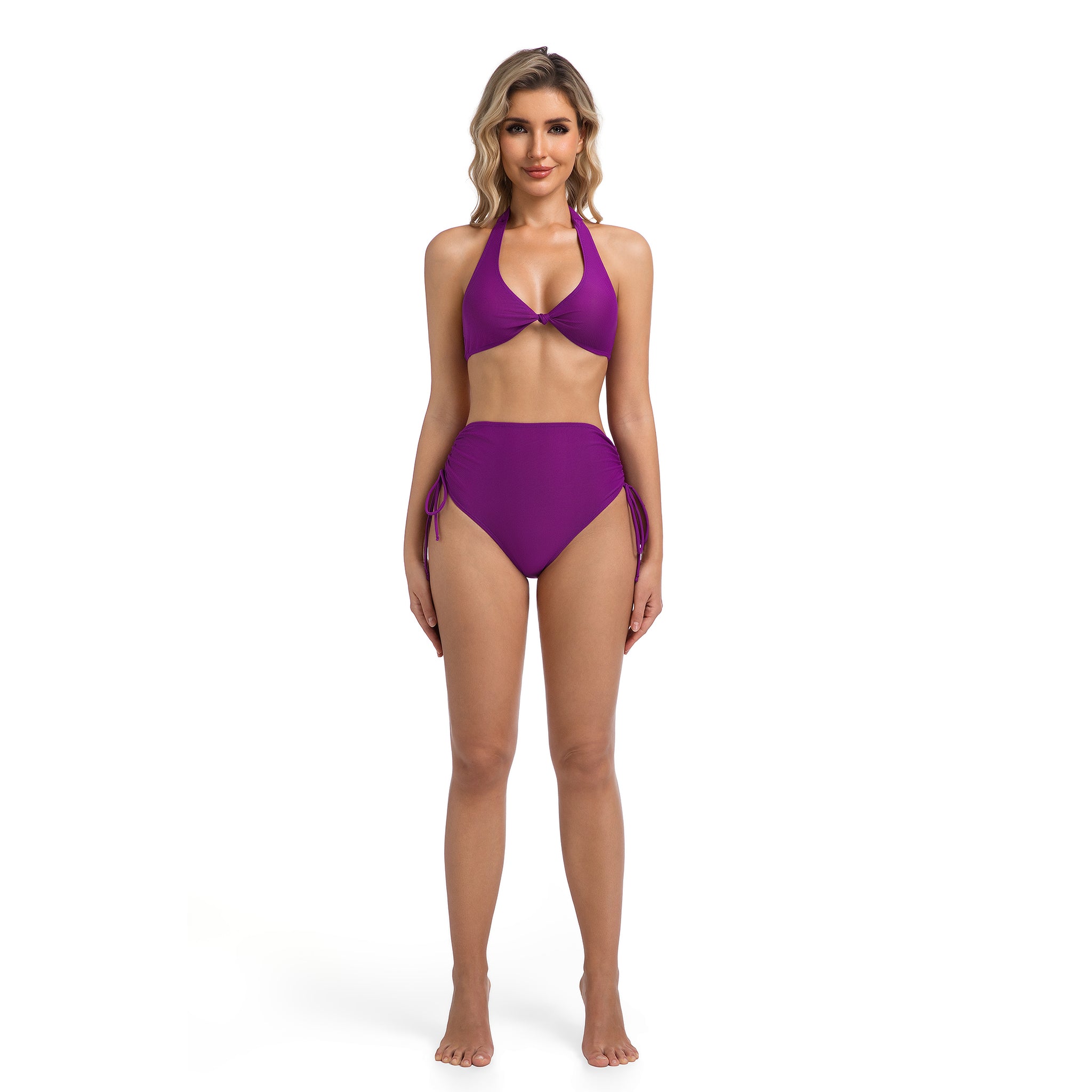 Hoch tailliertes gerafftes Bikini-Set Violett – Bräune-durchlässig Minimiert Bräunungsstreifen Knotendetail vorne Oberteil – Zweiteilige Bademode für Damen Einfarbiges lilafarbenes Badeanzug für Frauen