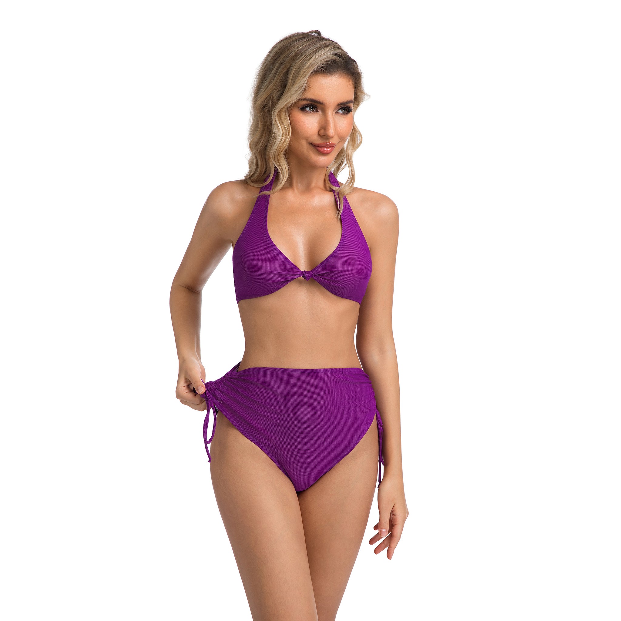 Hoch tailliertes gerafftes Bikini-Set Violett – Bräune-durchlässig Minimiert Bräunungsstreifen Knotendetail vorne Oberteil – Zweiteilige Bademode für Damen Einfarbiges lilafarbenes Badeanzug für Frauen