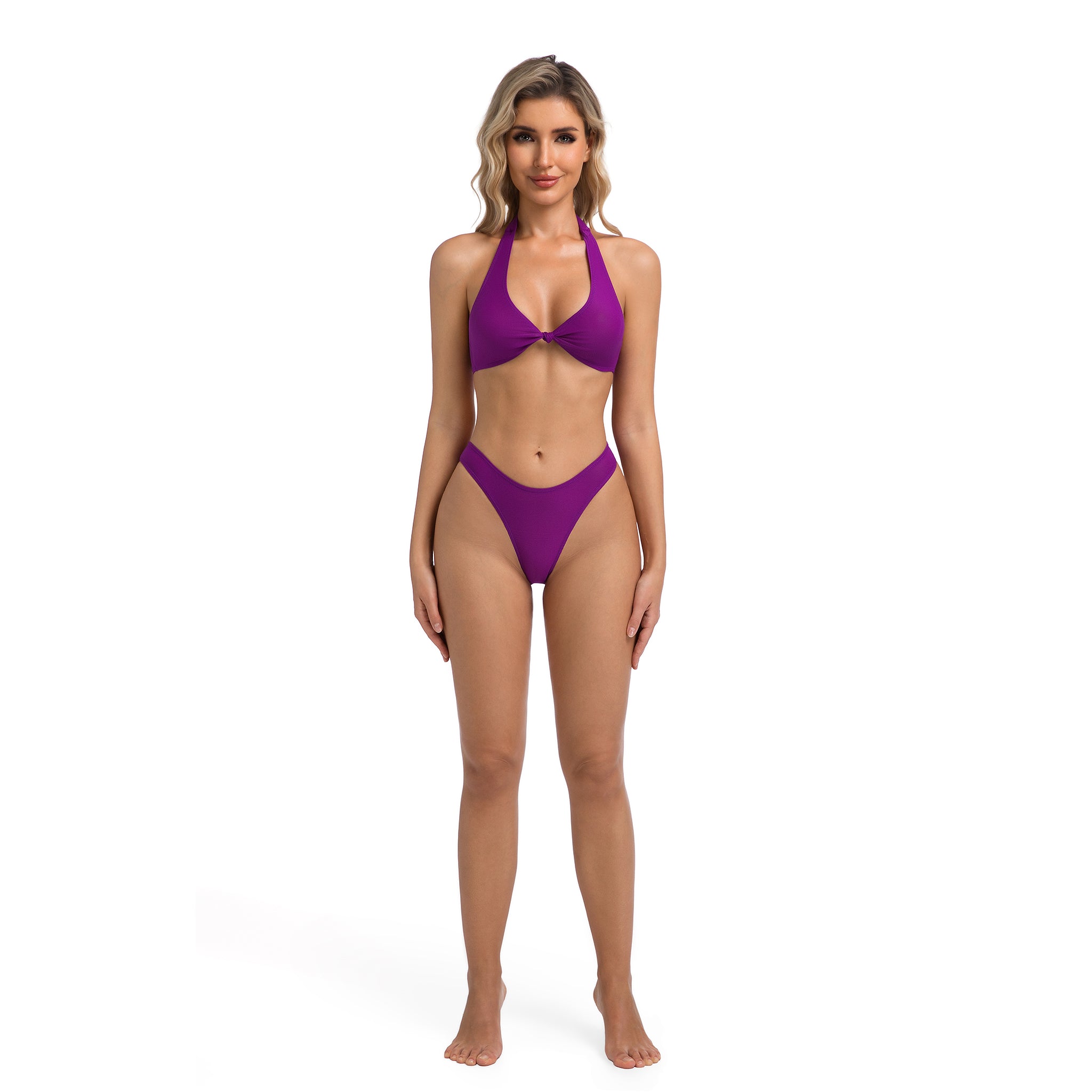 Knoten-Neckholder-Bikini Violett – Bräunungsfreundlicher Bikini-Slip mit V-Ausschnitt, der Bräunungslinien minimiert – Gerippte zweiteilige Bademode für Damen in Unifarbenem Lila