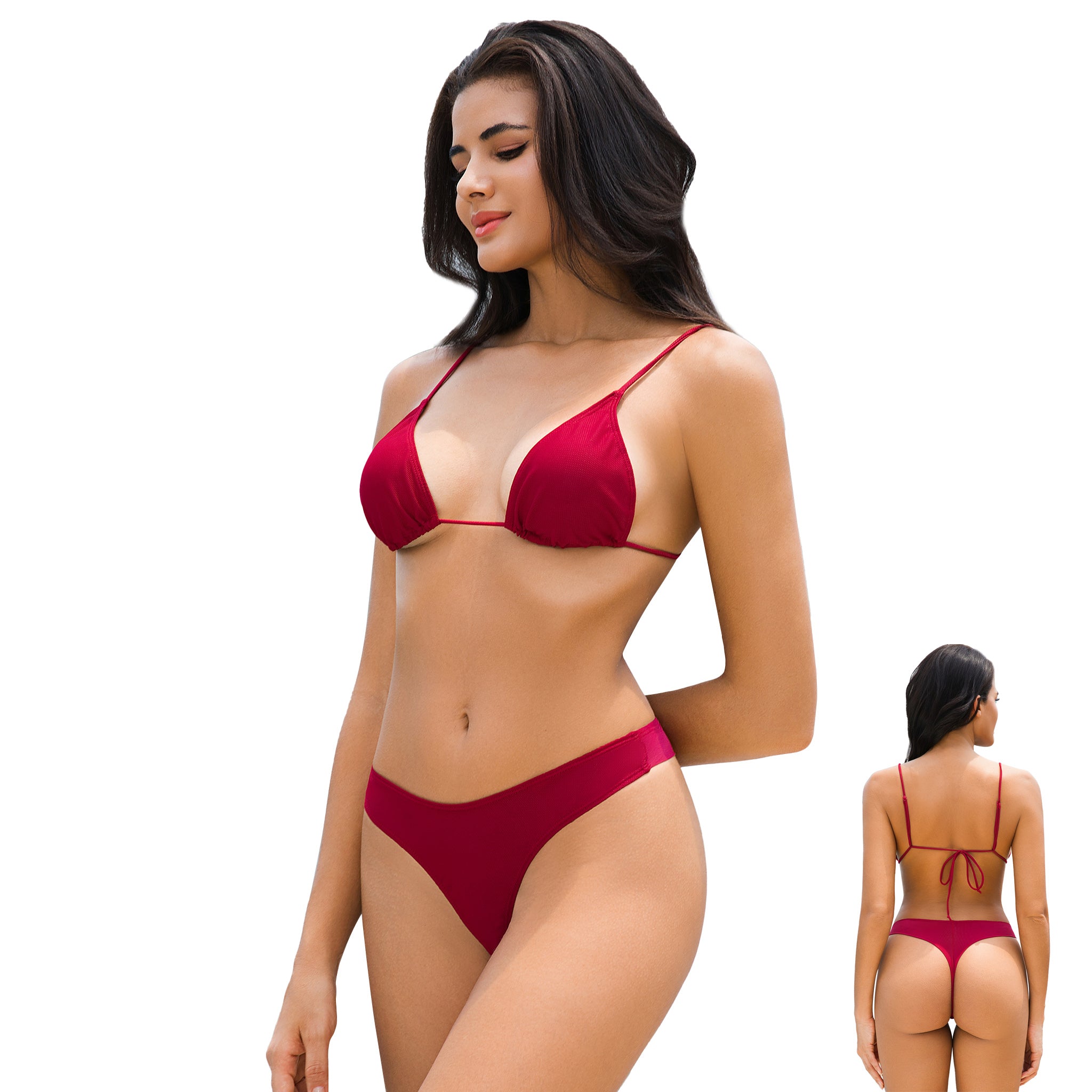 Damen Kirschrot Bräunungsfreundlicher Bikini-Set – Gerippter Triangel-Zweiteiler – Minimiert Bräunungslinien UV-durchlässiger hoher Thong-Badeanzug für Damen