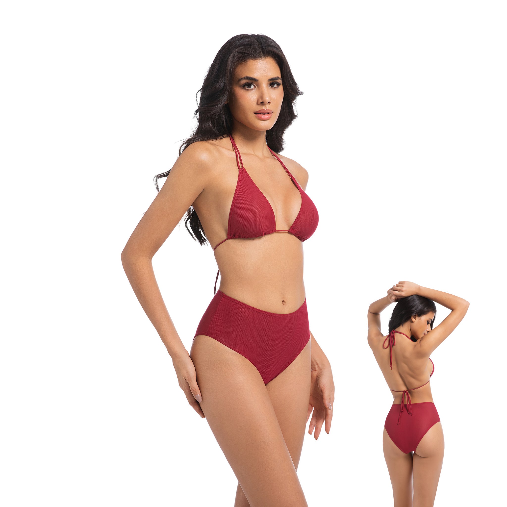 Damen Kirschrotes Tan-Through-Bikini-Set – Neckholder mit doppelten Trägern, 2-teilige Bademode – Minimiert Bräunungslinien, UV-durchlässiger, gerippter High-Waist-Badeanzug für Damen