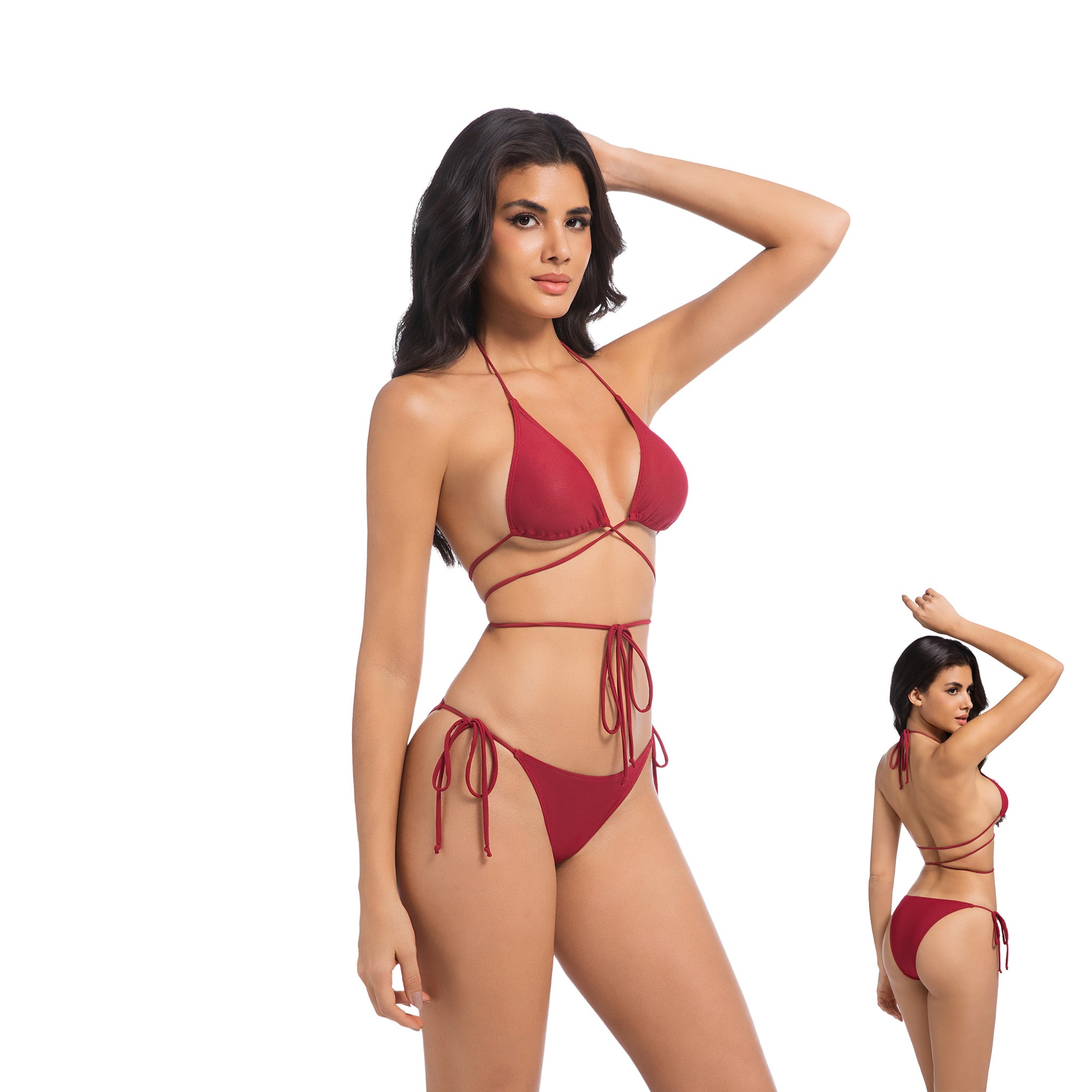 Damen Kirschroter Tan-Through Bikini-Set – Mehrfach wickelbare 2-teilige Bademode – Minimiert Sonnenbräunungslinien UV-durchlässiger Damen Rippen-Side-Tie Badeanzug