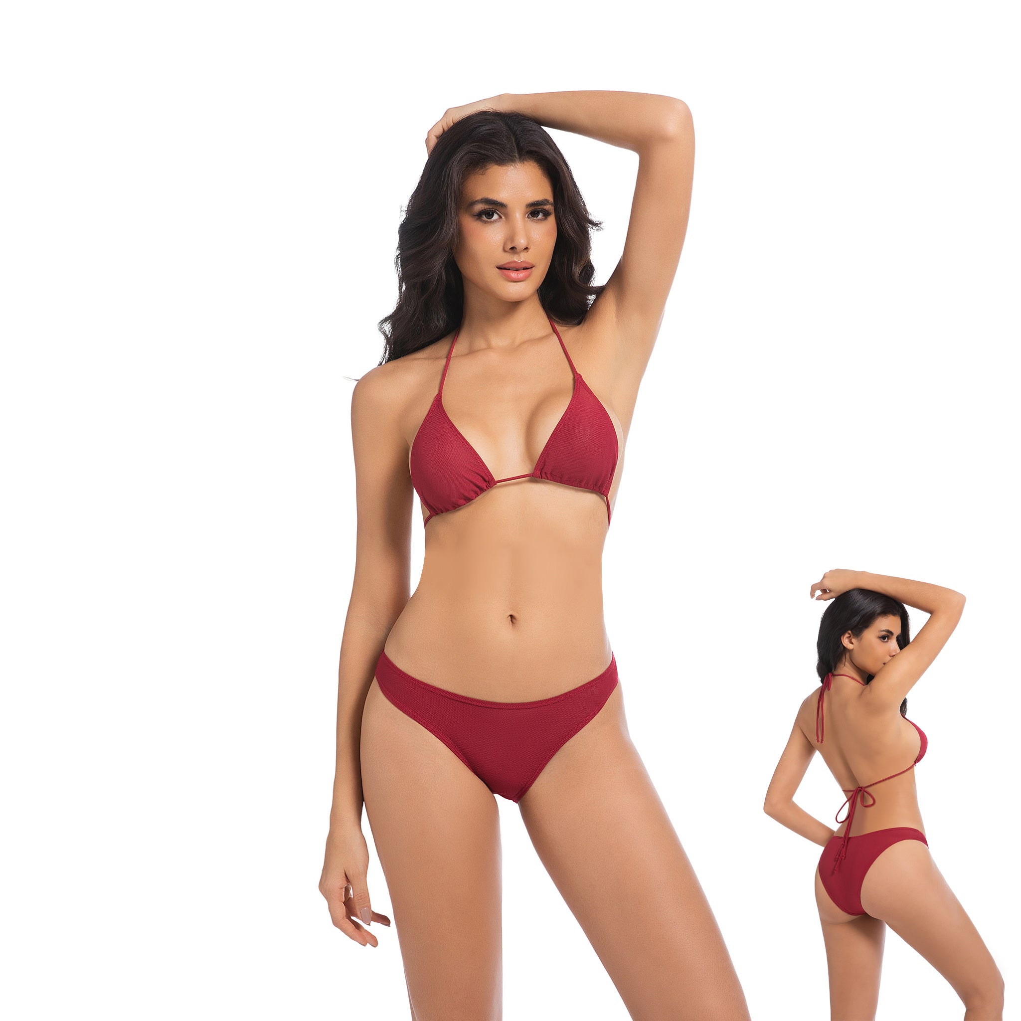 Damen Kirschrot Sonnen-Bikini-Set – Triangel-Neckholder 2-teilige Bademode – Minimiert Bräunungslinien UV-durchlässiger Gerippter Minimal High Cut Badeanzug für Damen