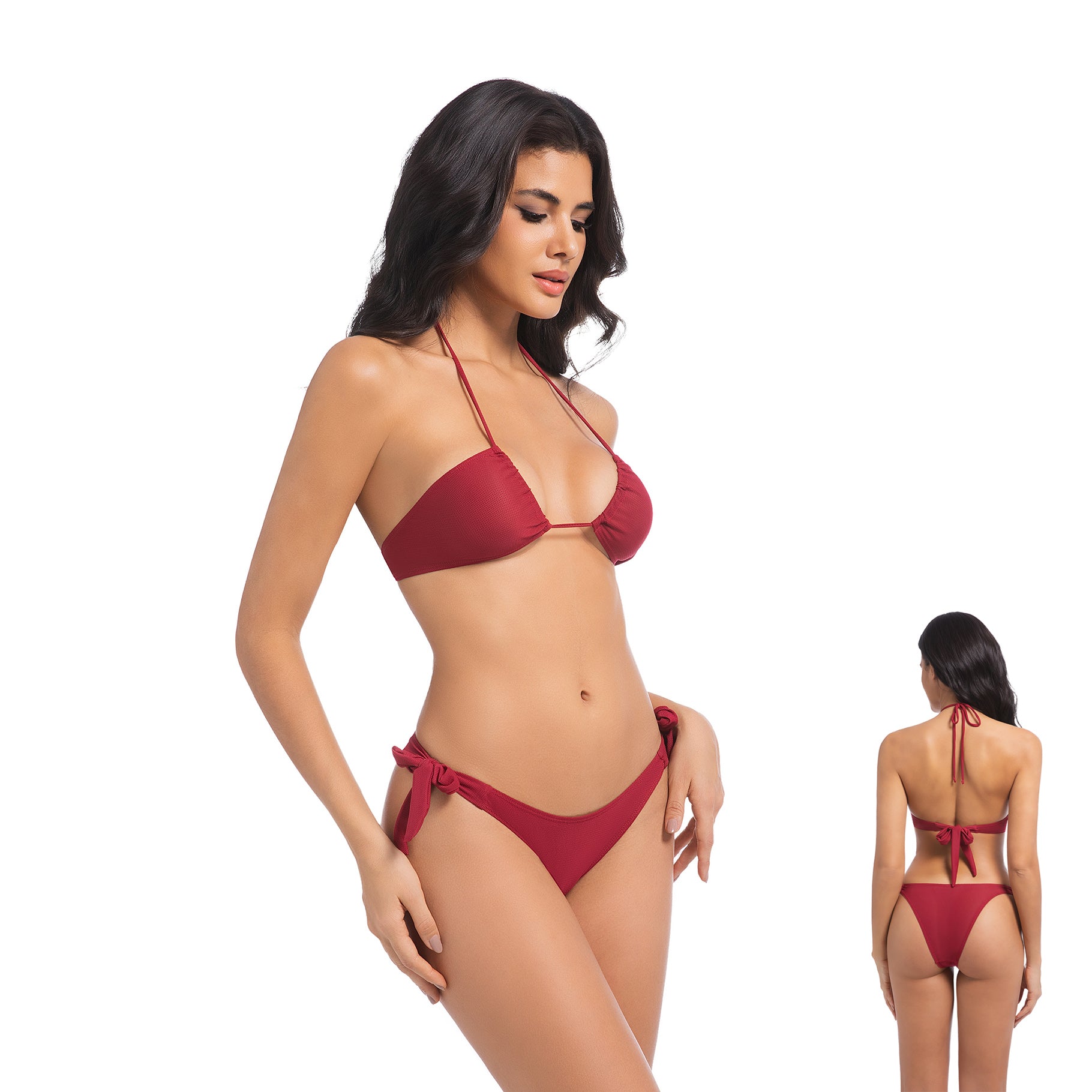 Damen Kirschrotes Bräunungsfreundliches Bikini-Set – Gerafftes Neckholder 2-teiliges Badekleid – Minimiert Bräunungslinien UV-durchlässiger Damen Gerippter Badeanzug mit seitlicher Schleife