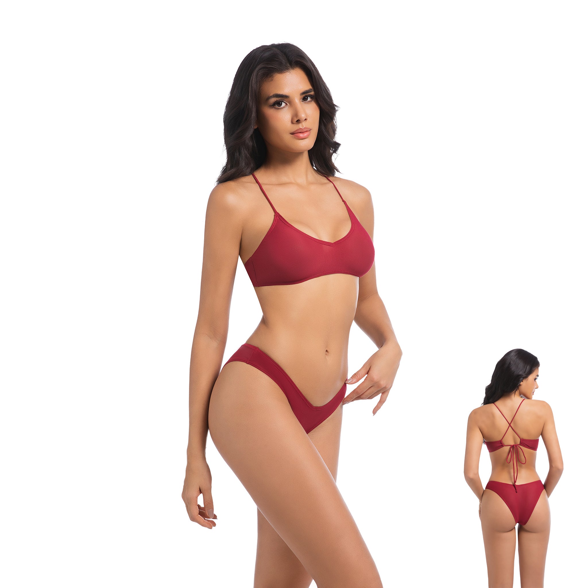 Damen kirschrotes Tan-Through Bikini-Set – überkreuzter Rücken V-Ausschnitt 2-teilige Bademode – Minimiert Bräunungsstreifen UV-durchlässiger gerippter Damen-Badeanzug mit V-Front und hohem Beinausschnitt