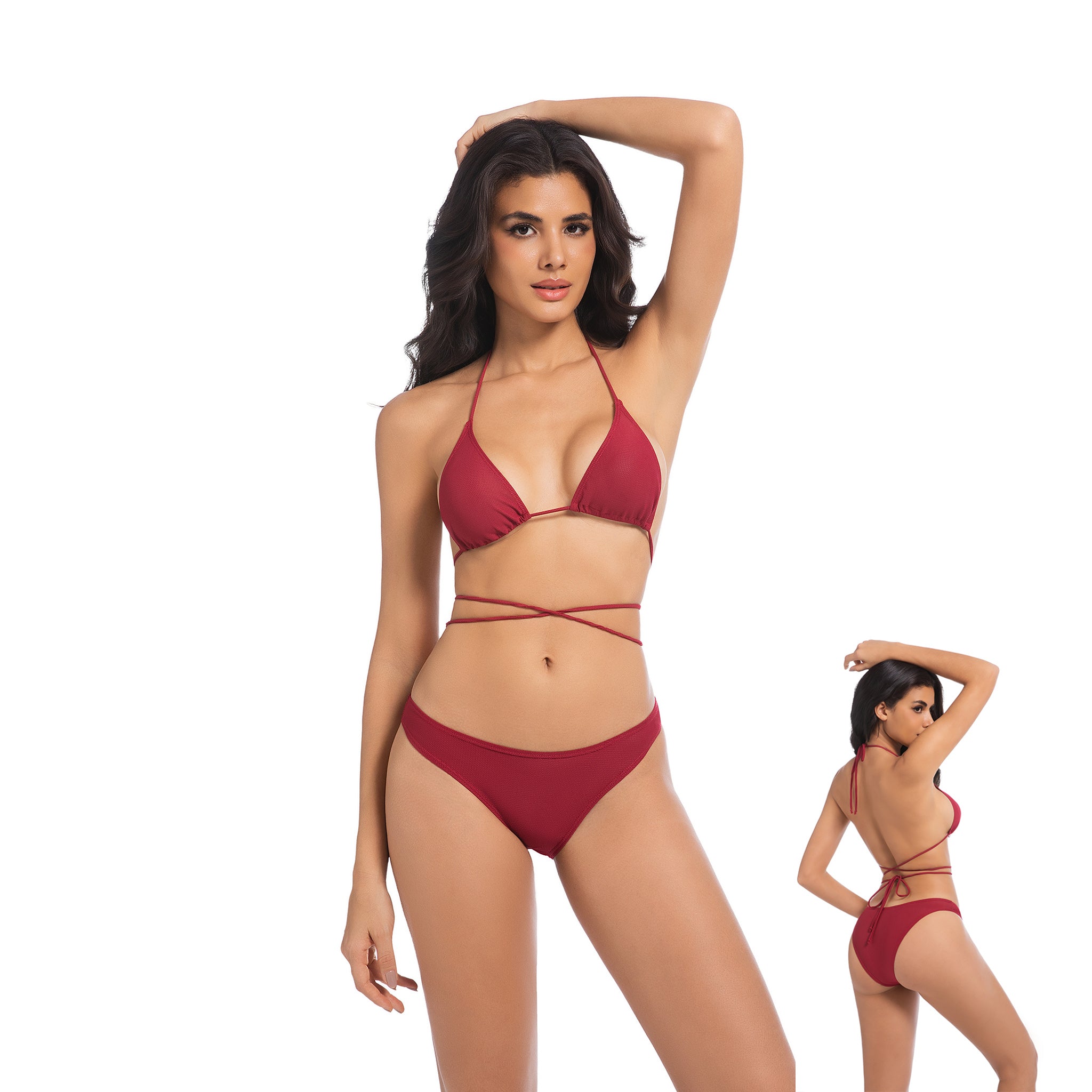 Damen Kirschrot Bräunungsfreundlicher Bikini-Set - Multi-Way Wickel-Triangel 2-teilige Bademode - Minimiert Bräunungslinien UV-durchlässiger Damen Gerippter High Cut Badeanzug