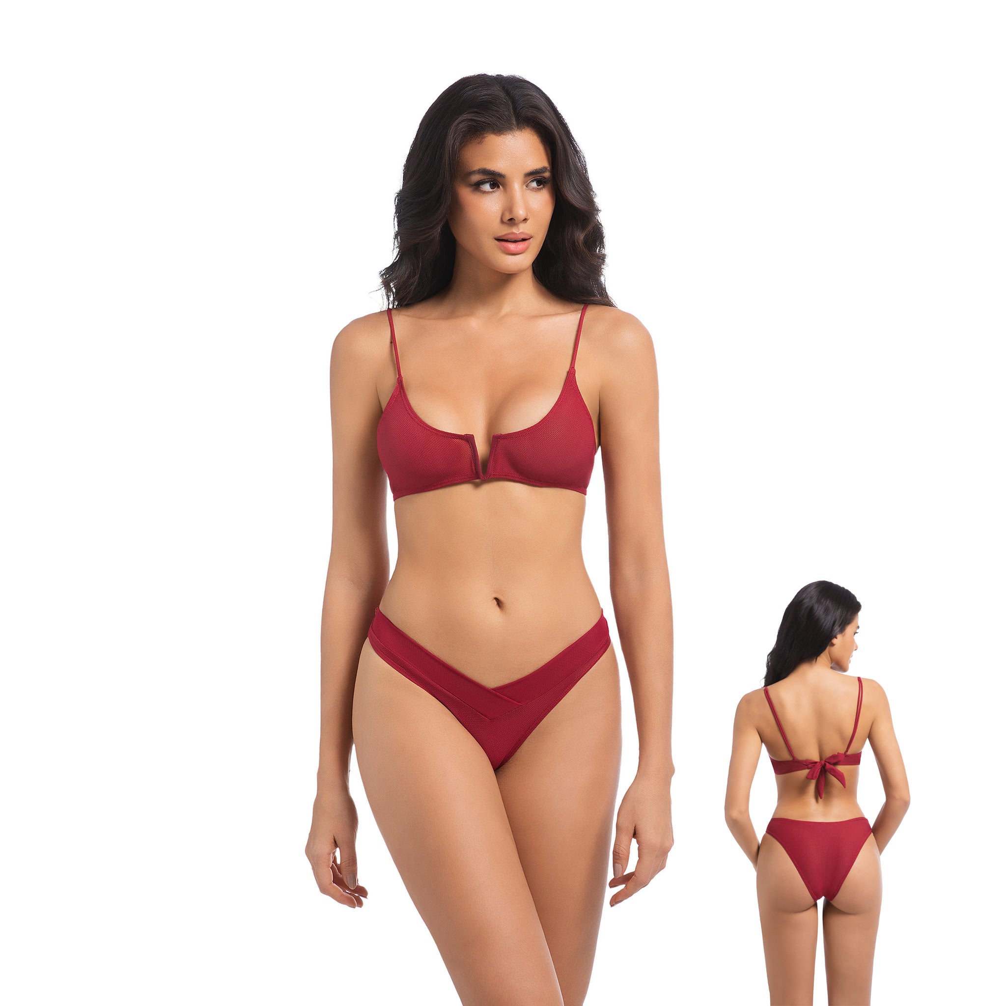 Damen Tan Through Kirschroter Bikini-Set - Minimiert Bräunungslinien UV-durchlässiger 2-teiliger Damen Badeanzug - Gerippter V-Kerbe Schleifenverschluss Rücken & Geschichteter V-Bund Badeanzug