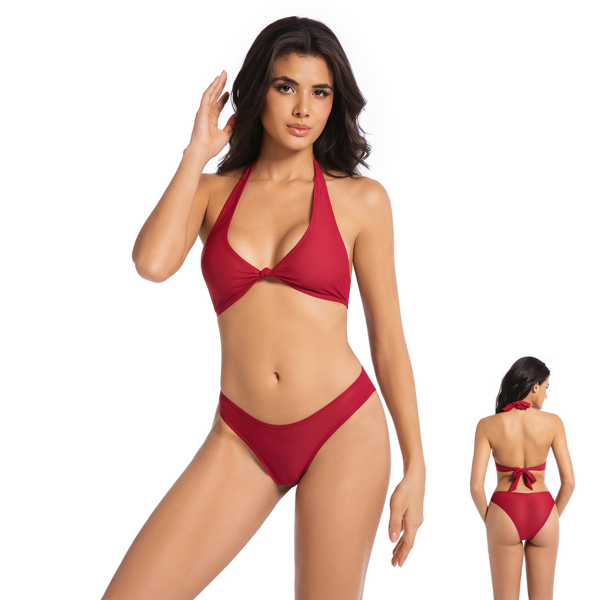 Minimiert Bräunungslinien Tan Through Damen Bikini Set – Kirschrot UV-durchlässiger 2-teiliger Badeanzug für Damen – Neckholder mit Knotendetail, gerippt, Mid-Rise