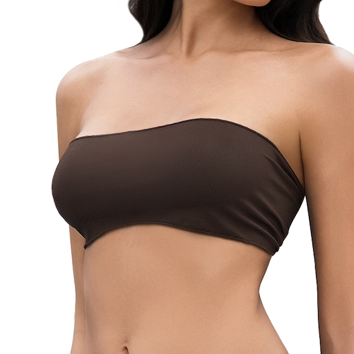 Damen Trägerloser Bräunungs-Bikini – Brauner gerippter Bandeau 2-Teiler Bademode – Minimiert Bräunungslinien UV-durchlässiger Damen-Badeanzug mit Schleifendetail am Rücken und knapper Passform